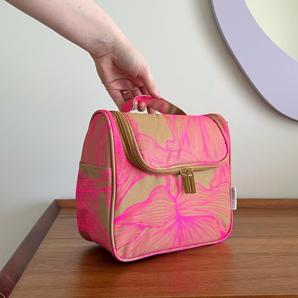 Bon Voyage Travel Toiletry Bag - Waterproof Cosmetic Organizer with Hanging Hook, Neon Pink/Tan Floral Design - Perfect for Vacation, Business Trips & Gym Essentials