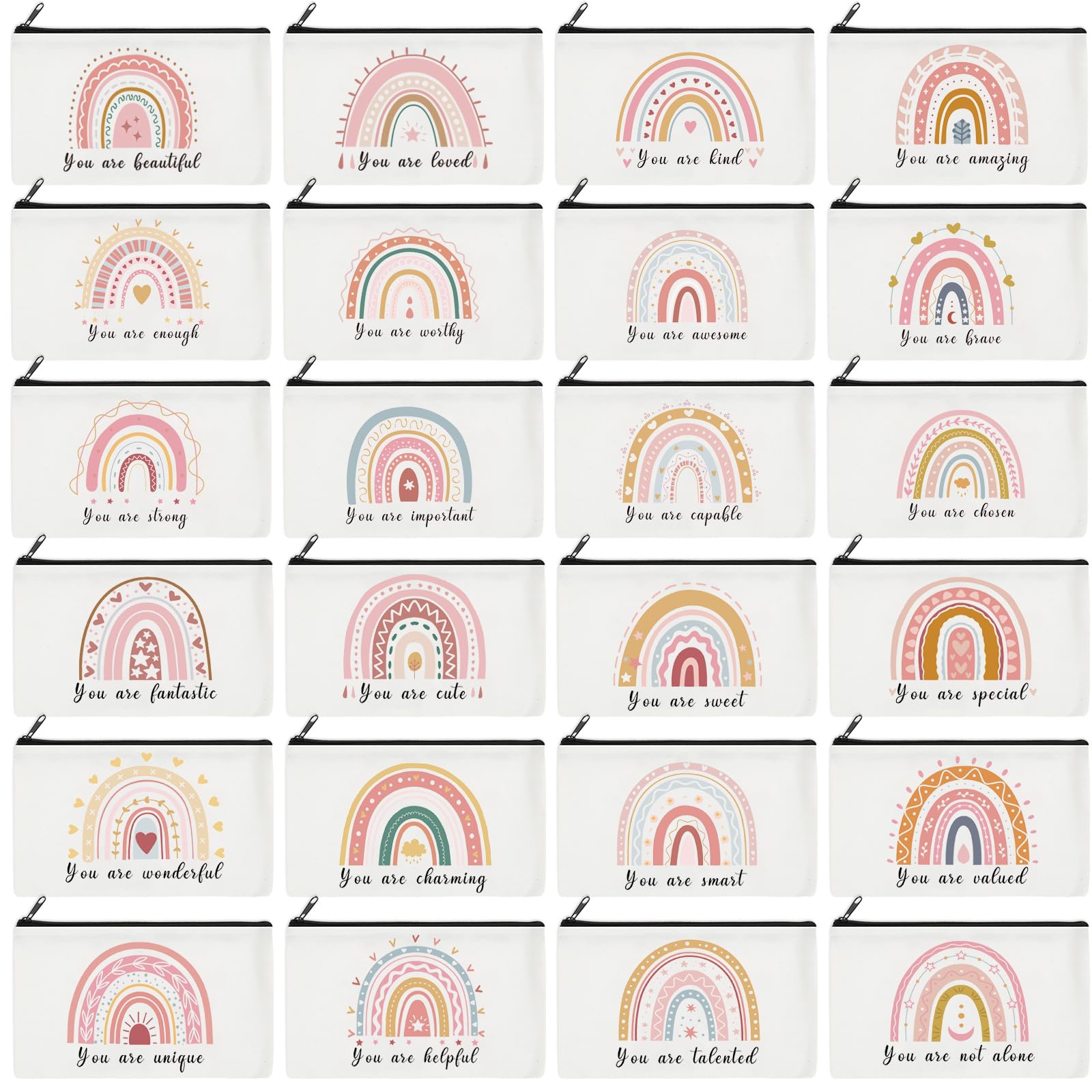 24 Pcs Rainbow Cosmetic Bags with Motivational Quotes - Waterproof Makeup Pouch with Zipper for Women - Inspirational Gifts for Teacher, Graduation, Birthday Party - Perfect for Travel, Gym & Daily Organization (Elegant Design)