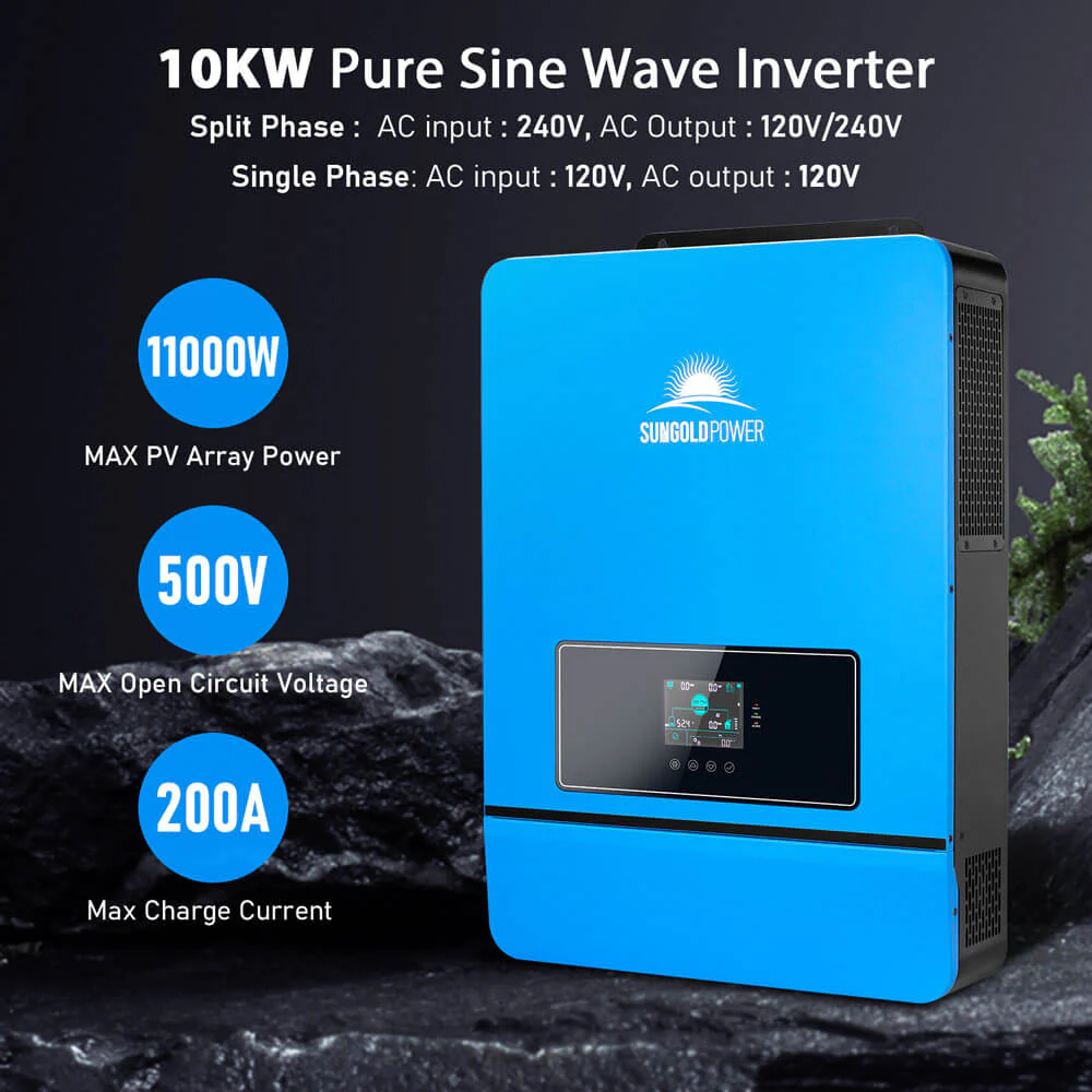 SunGoldPower 10KW Off Grid Solar Panel Kit - 10 x 550W Solar Panels, 4 x 5.12kWh Lithium Battery, 48VDC 120V/240V Inverter | Complete Solar Power System for Home, RV & Emergency Backup
