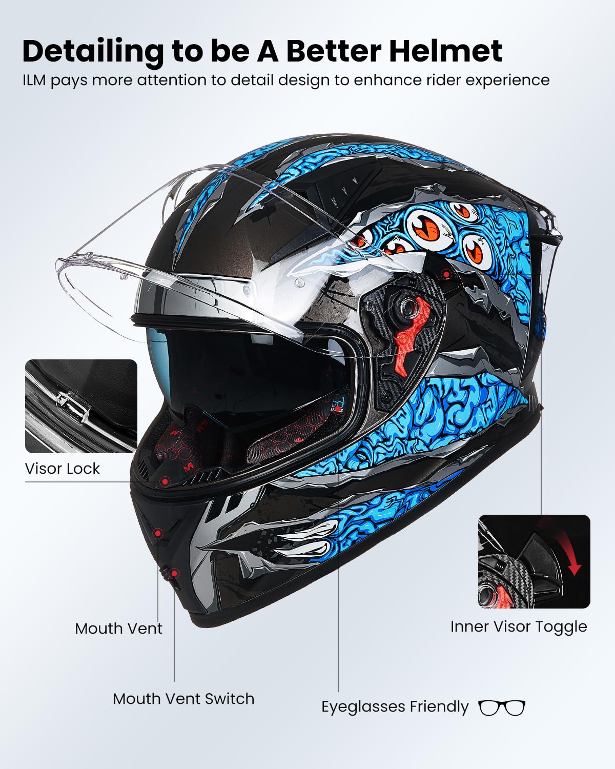 DOT Approved ILM Z501 Full Face Motorcycle Helmet with Pinlock Compatible Clear & Tinted Visors - Street Bike & Motocross Safety Gear for Men & Women | Perfect for Commuting, Racing and Off-Road Adventures