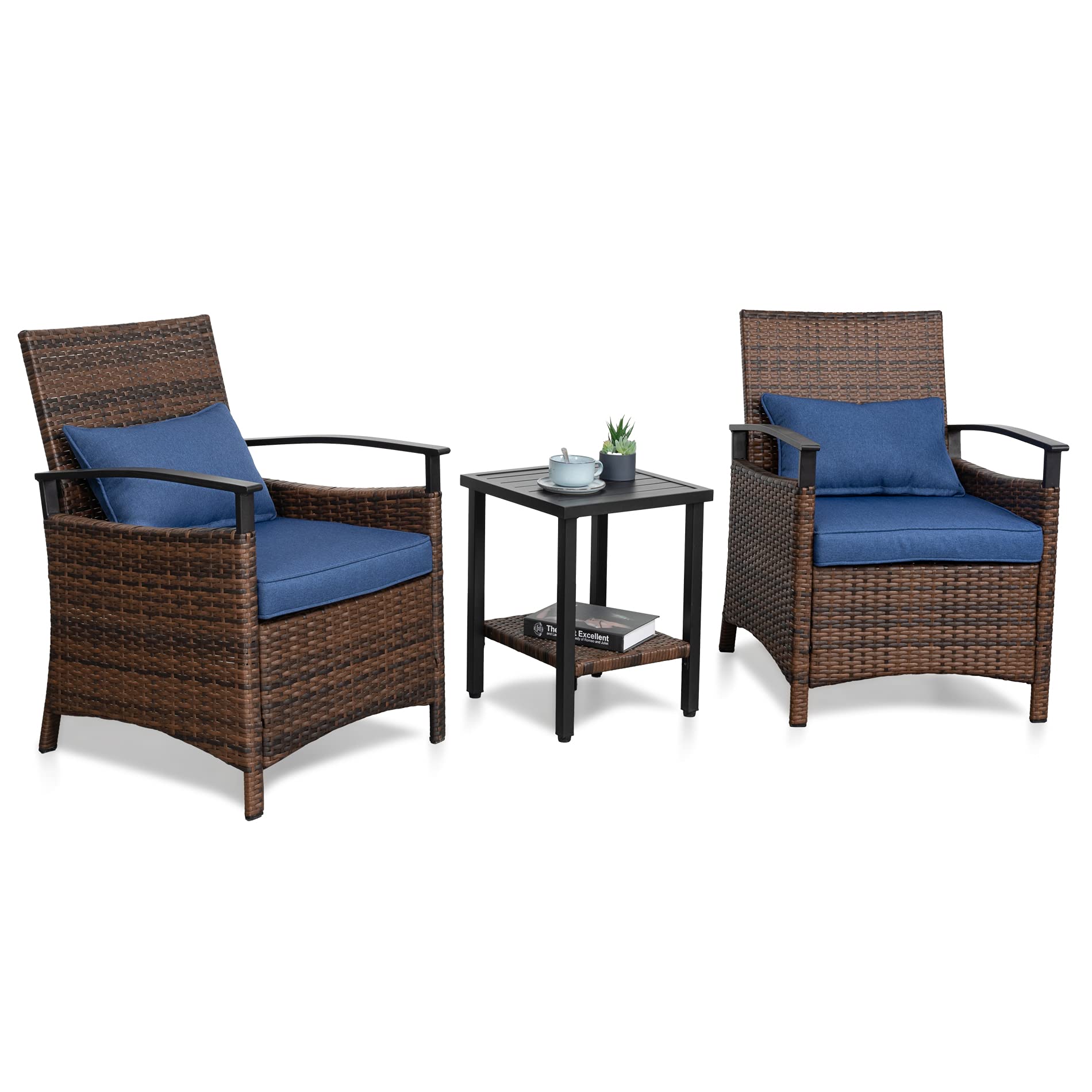 WAMPAT 3-Piece Patio Bistro Set - Outdoor Wicker Conversation Furniture with 2 Rattan Chairs, 2 Thick Cushions, 2 Lumbar Pillows & 1 Square Metal Side Table - Perfect for Garden, Balcony or Backyard Relaxation