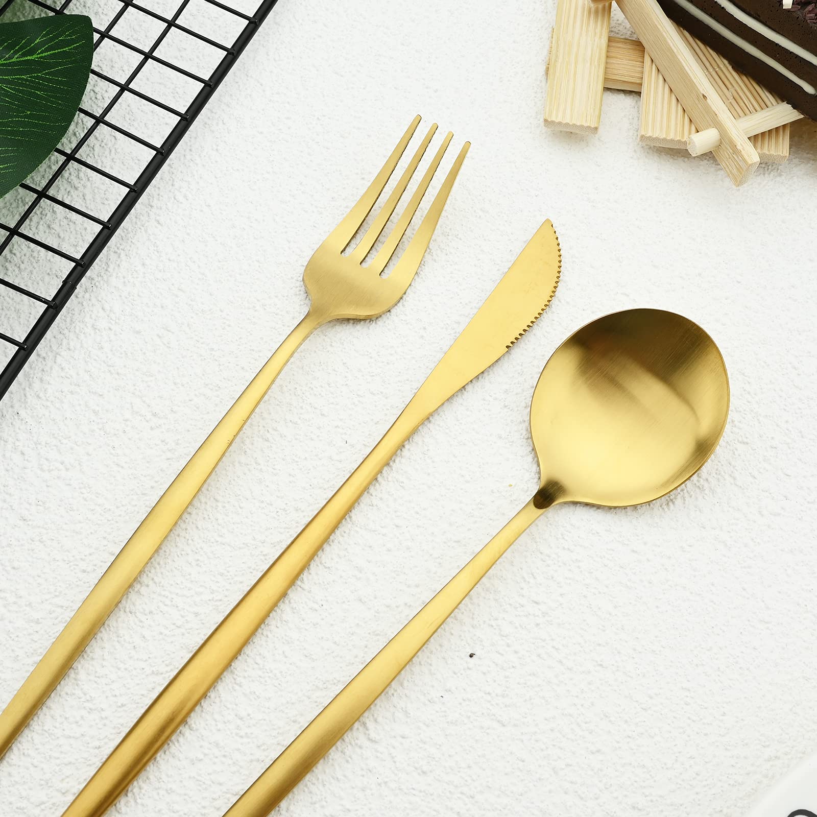 36-Piece Matte Gold Silverware Set - Satin Finish Stainless Steel Flatware Set with Flat Handle, Service for 6 (Includes Coffee Spoon) | Elegant Dining Utensils for Restaurants, Dinner Parties & Home Entertaining