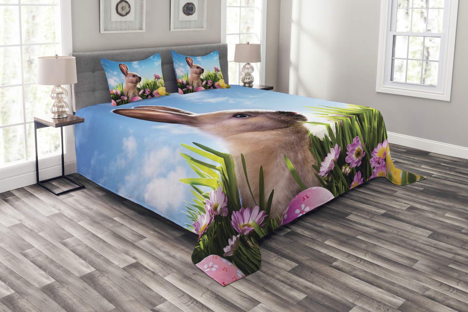 Ambesonne Easter Bedspread Set - King Size 3-Piece Floral Bedding with Bunny & Painted Eggs | Spring Home Decor for Bedroom, Guest Room, Easter Party | Multicolor Decorative Coverlet & 2 Pillow Shams