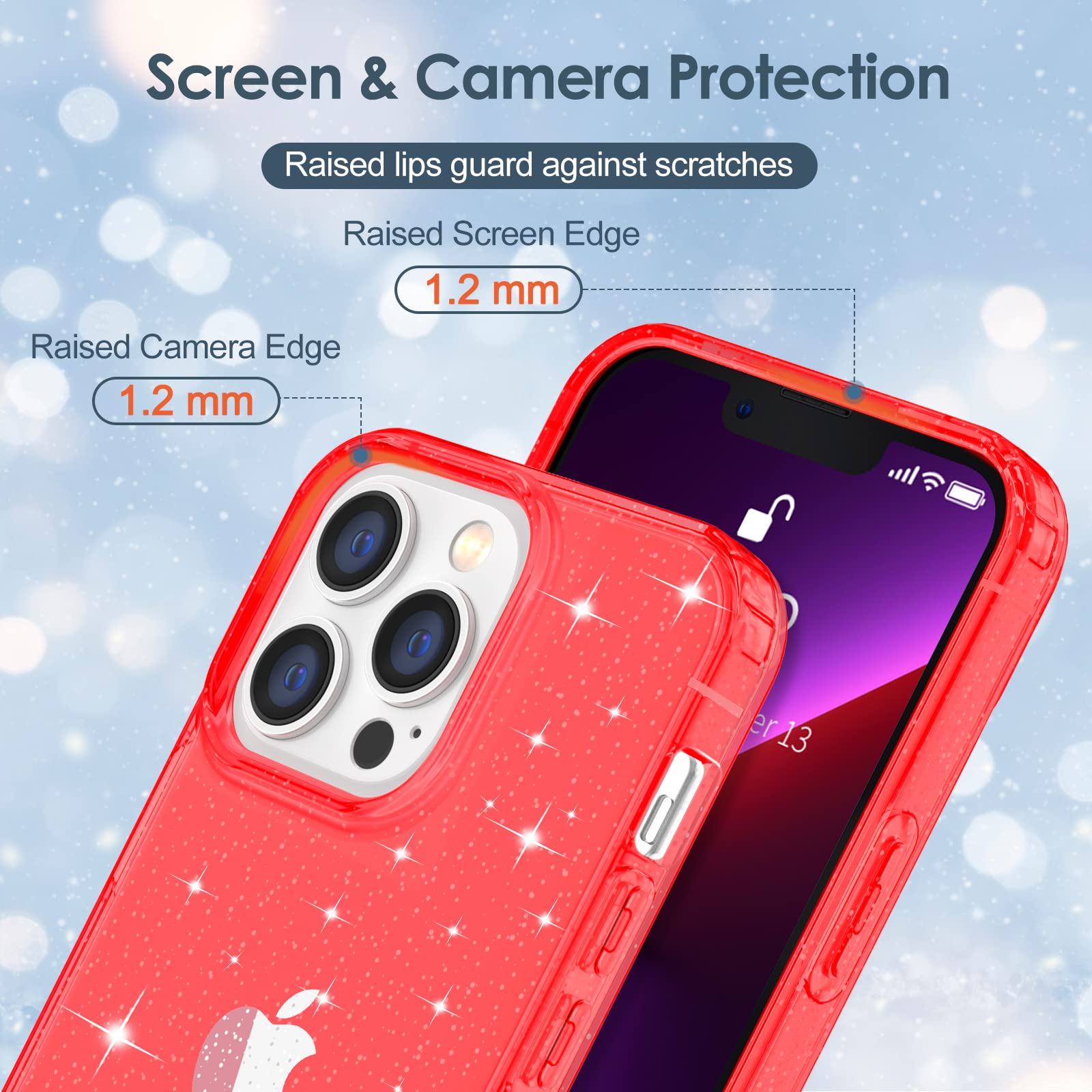 Hython Glitter Case for iPhone 13 Pro Max - Sparkly Clear Bling Shockproof Protective Cover | Anti-Scratch Hard PC Slim Fit Phone Case for Women & Girls (Red Glitter) | Perfect for Everyday Use, Parties & Gifts