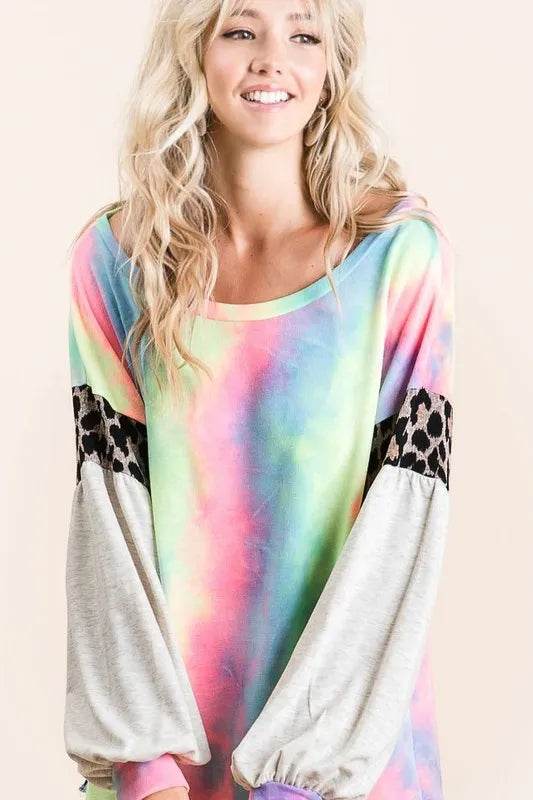 Bibi Tie Dye Terry Top with Contrast Puff Sleeves in Pastel Colors | Women's Fashion Tunic | Casual Wear & Summer Outfits