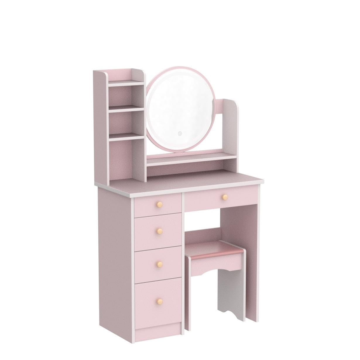 ECACAD Vanity Desk Set with LED Lighted Round Mirror, 5-Drawer Makeup Dressing Table with Storage Shelves & Cushioned Stool - Pink Bedroom Furniture for Women & Girls | Perfect for Makeup Organization, Dressing Room & Small Space Decor