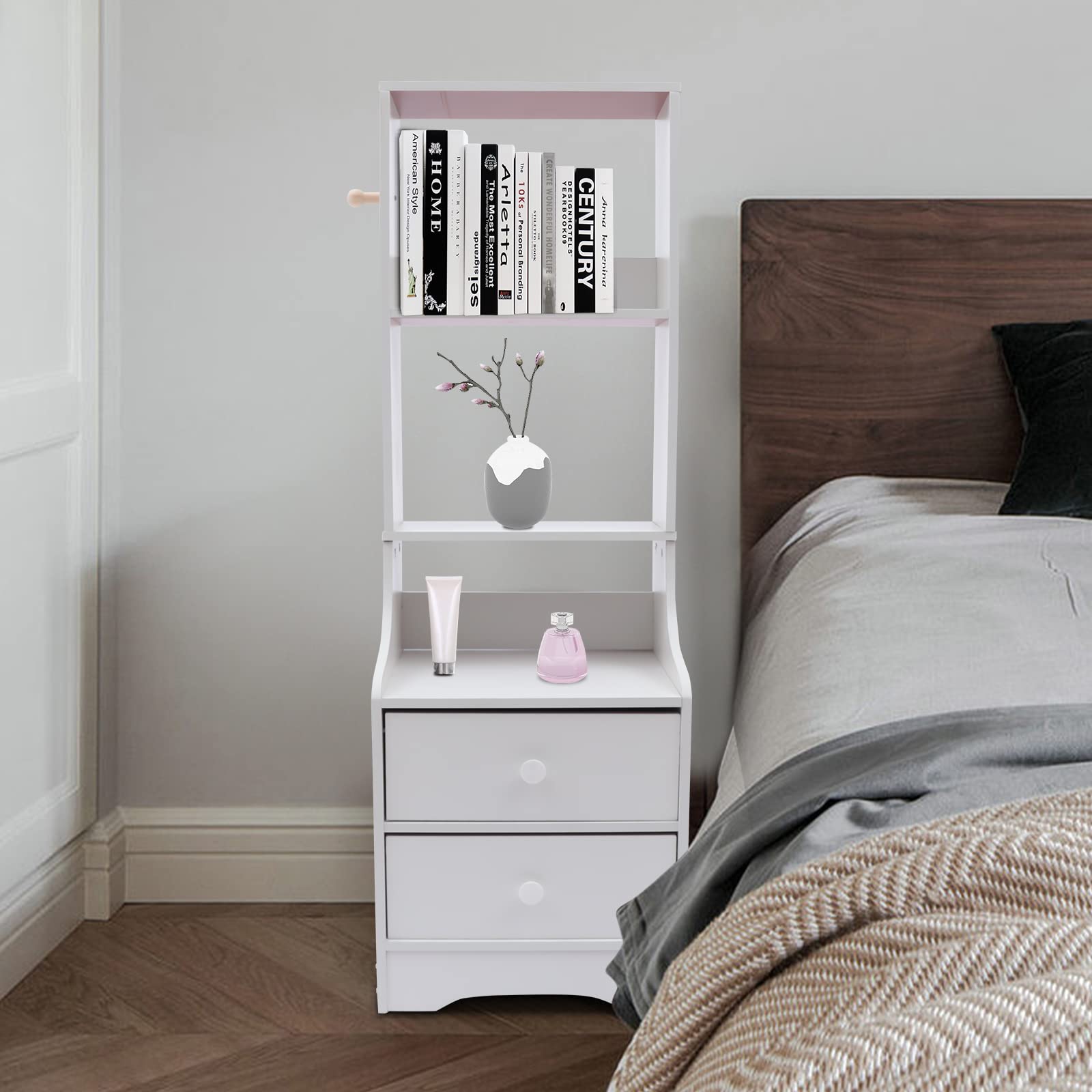 Eapmic 2 Drawer Dresser with Top Cabinet & Open Shelf - White 3-Tier Nightstand, End Table & Bedside Storage for Bedroom, Living Room & Home Office Organization