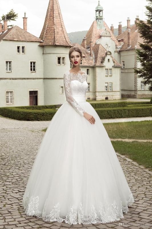 Elegant 2024 Long Sleeve Tulle Wedding Dress with Lace Appliques & Train - Romantic Bridal Ball Gown for Bride - Perfect for Church Ceremonies, Beach Weddings & Formal Receptions