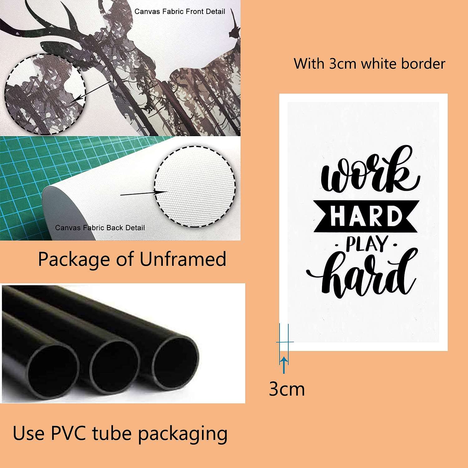 FFPCGCL Motivational 'Work Hard Play Hard' Quote Art Print - 20x30 Inch (50x75cm) Canvas Wall Decor for Living Room, Bedroom, Office & Bathroom - Inspirational Home & Workplace Wall Art