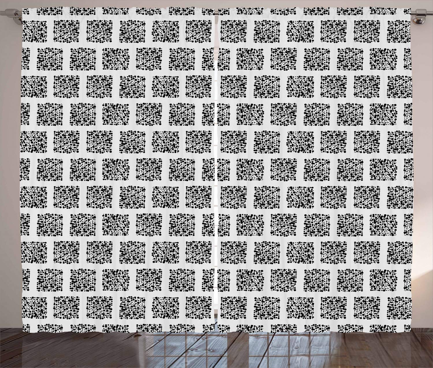Ambesonne Abstract Curtains - Modern Square Pattern with Retro Doodle Dots & Halftone Effect | 2-Panel Window Drapes 108x108 Inches | Black & Coconut Color | Perfect for Living Room, Bedroom & Home Decor