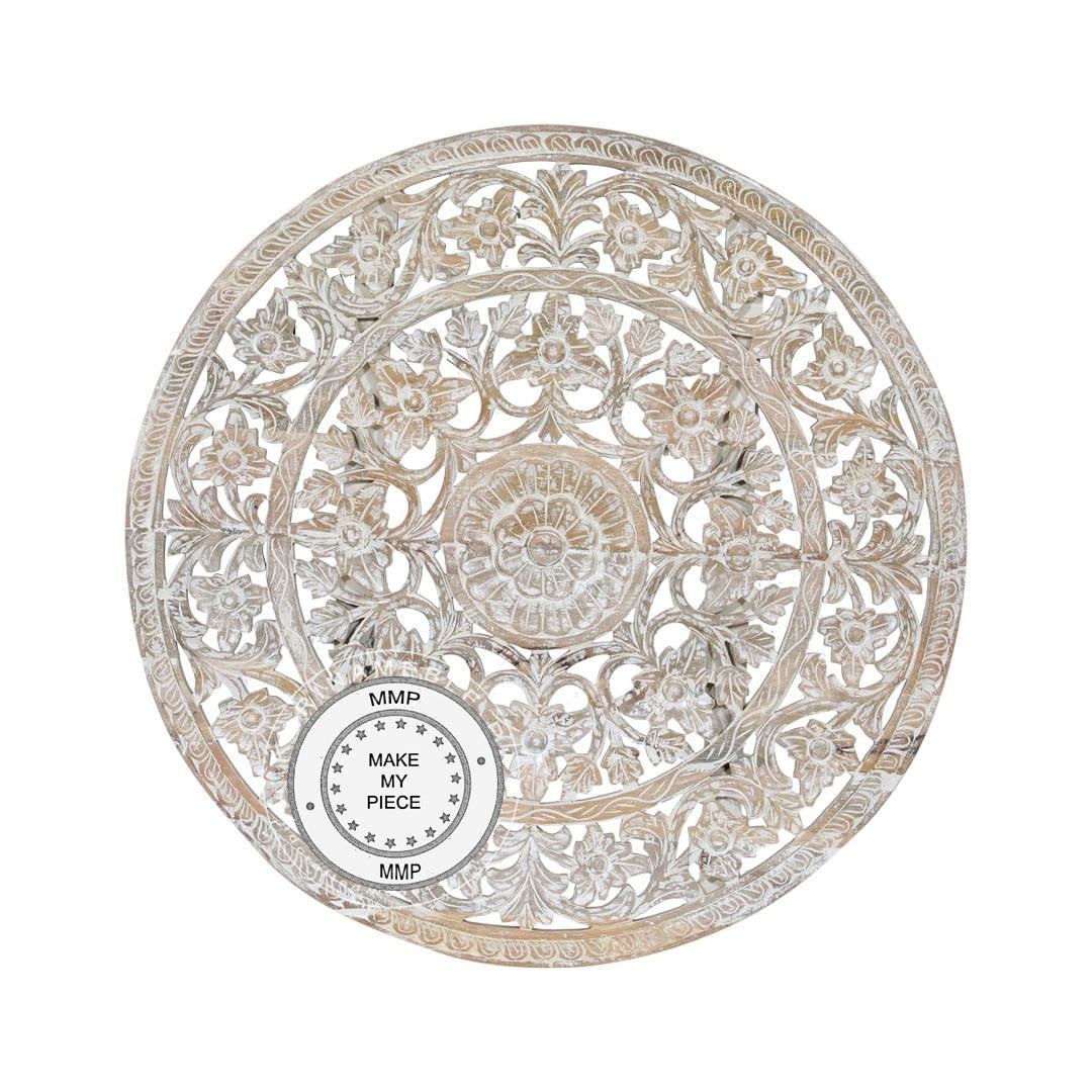 Hand Carved Indian Wooden Saffron Panel Bedhead - Whitewashed Traditional Design for Bedroom Decor | Perfect for Boho, Farmhouse & Ethnic Style Interiors