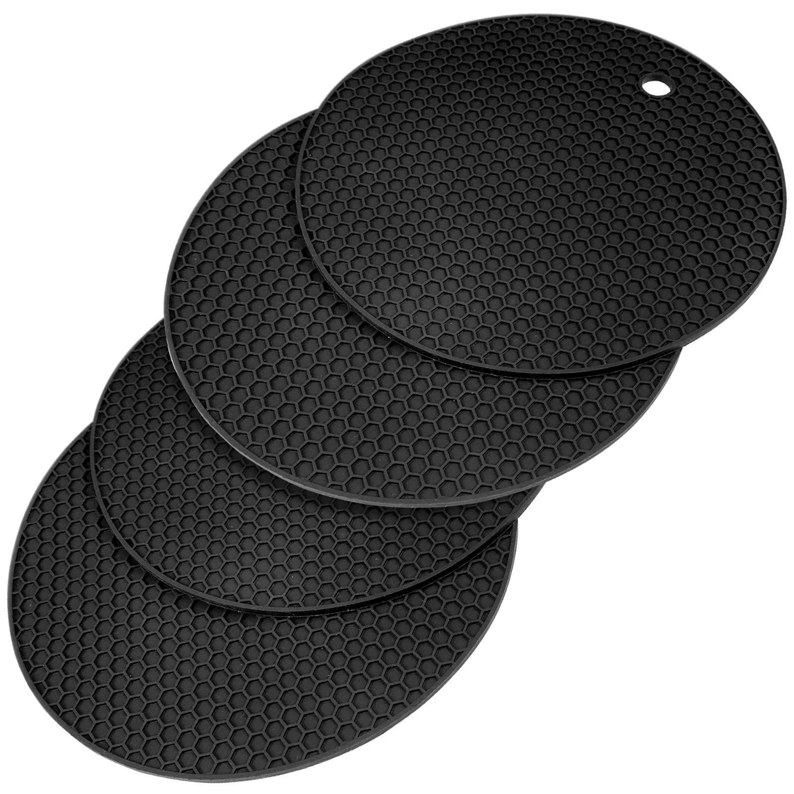 Uootach Set of 4 Round Silicone Pot Holders - Non-Slip, Heat Resistant, Waterproof Silicone Trivets for Pots, Pans, Teapots & Bowls (Black) - Perfect for Kitchen Countertops, Dining Tables & Outdoor Picnics