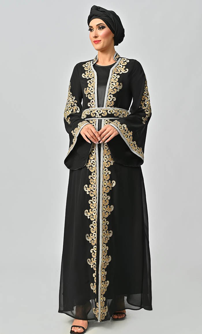Egyptian Moroccan Style Embroidered Georgette Abaya with Black Satin Lining - Elegant Islamic Dress for Women, Perfect for Prayer, Eid, Wedding & Special Occasions