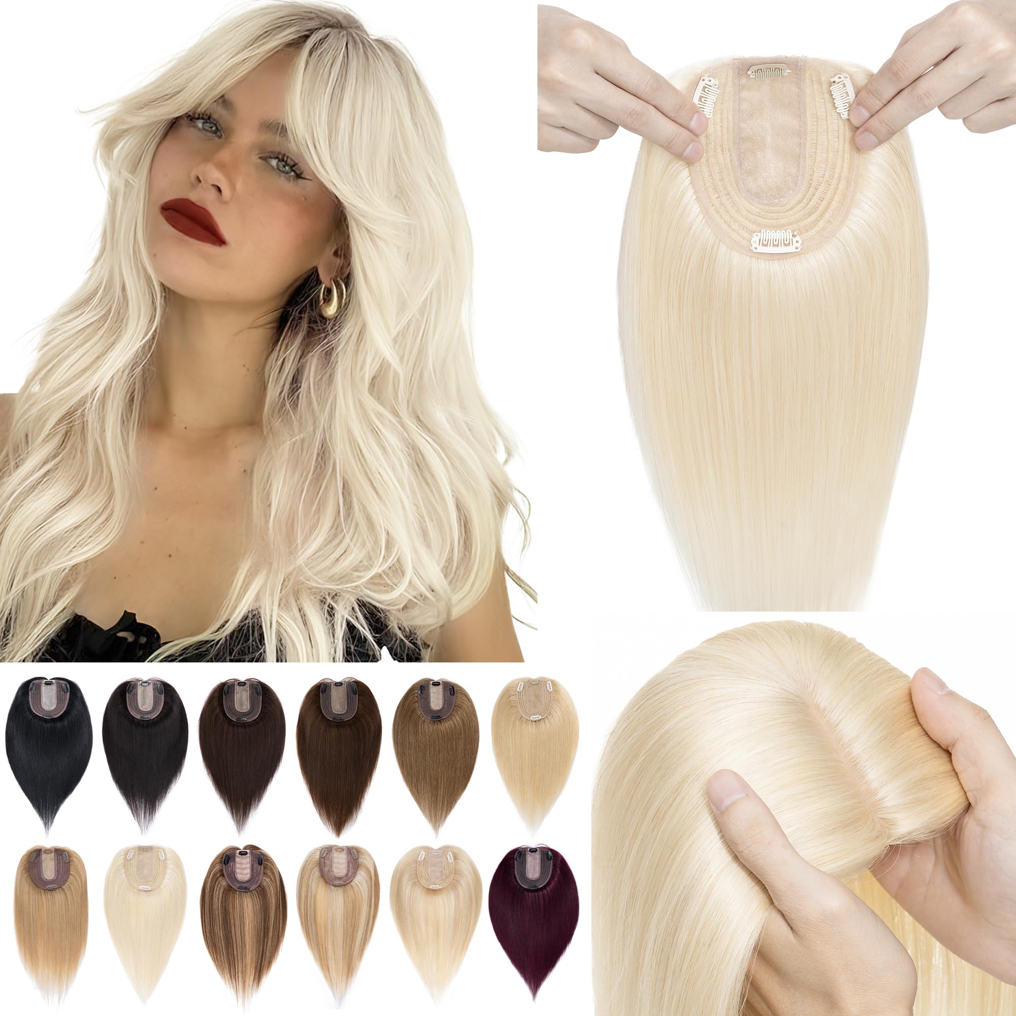 SEGO Real Human Hair Toppers for Women - No Bangs, 130% Density, 10x12cm Silk Base, 100% Remy Human Hair Clip-in Top Wiglet for Thinning Hair (12 Inch, Platinum Blonde) | Perfect for Daily Wear, Special Occasions & Hair Volume Enhancement