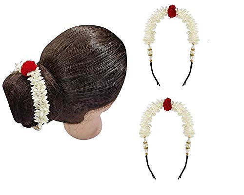 DEXO South Indian Hair Gajra with Attached Hair Pins - Traditional Bridal Hair Accessories for Women & Girls - White Floral Hair Jewelry Set of 2 (1 Pack) - Perfect for Weddings, Festivals & Special Occasions