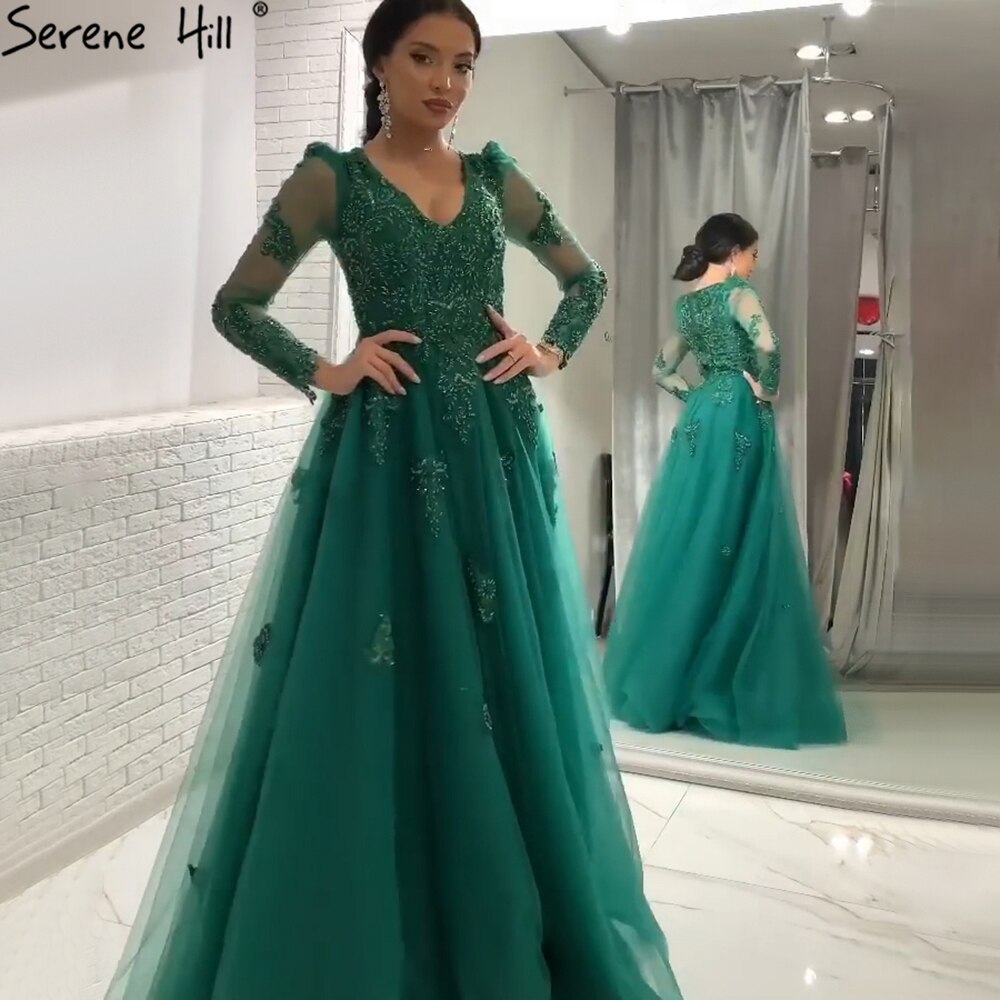 Serene Hill Muslim Green A-Line Evening Dress with Beading & Lace - Luxury Women's Party Gown 2025 (LA71068) | Perfect for Weddings, Galas & Formal Events