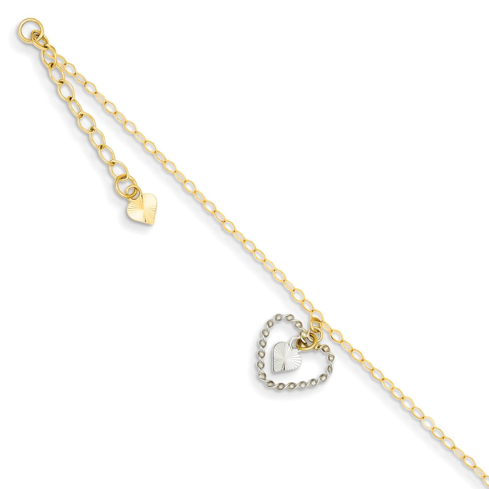 14K Gold Two-Tone Twisted & Diamond Cut Heart Anklet Bracelet - 9