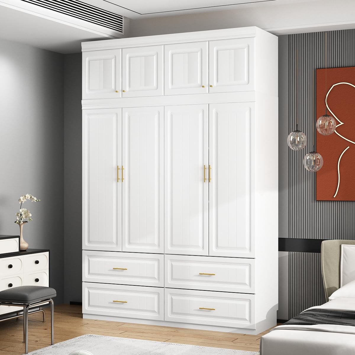 MOUMON 4-Door Wardrobe Closet with Drawers & Shelves, White Armoire Cabinet with Hanging Rod & Gold Metal Handles - 63