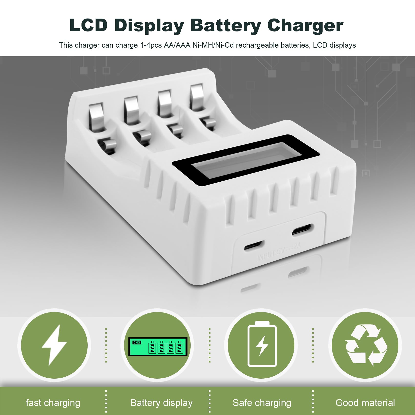 Smart LCD Display 4-Slot Battery Charger for AA/AAA NiCd/NiMH Rechargeable Batteries - Fast Charging with Auto Shutoff - Perfect for Cameras, Toys, and Home Electronics