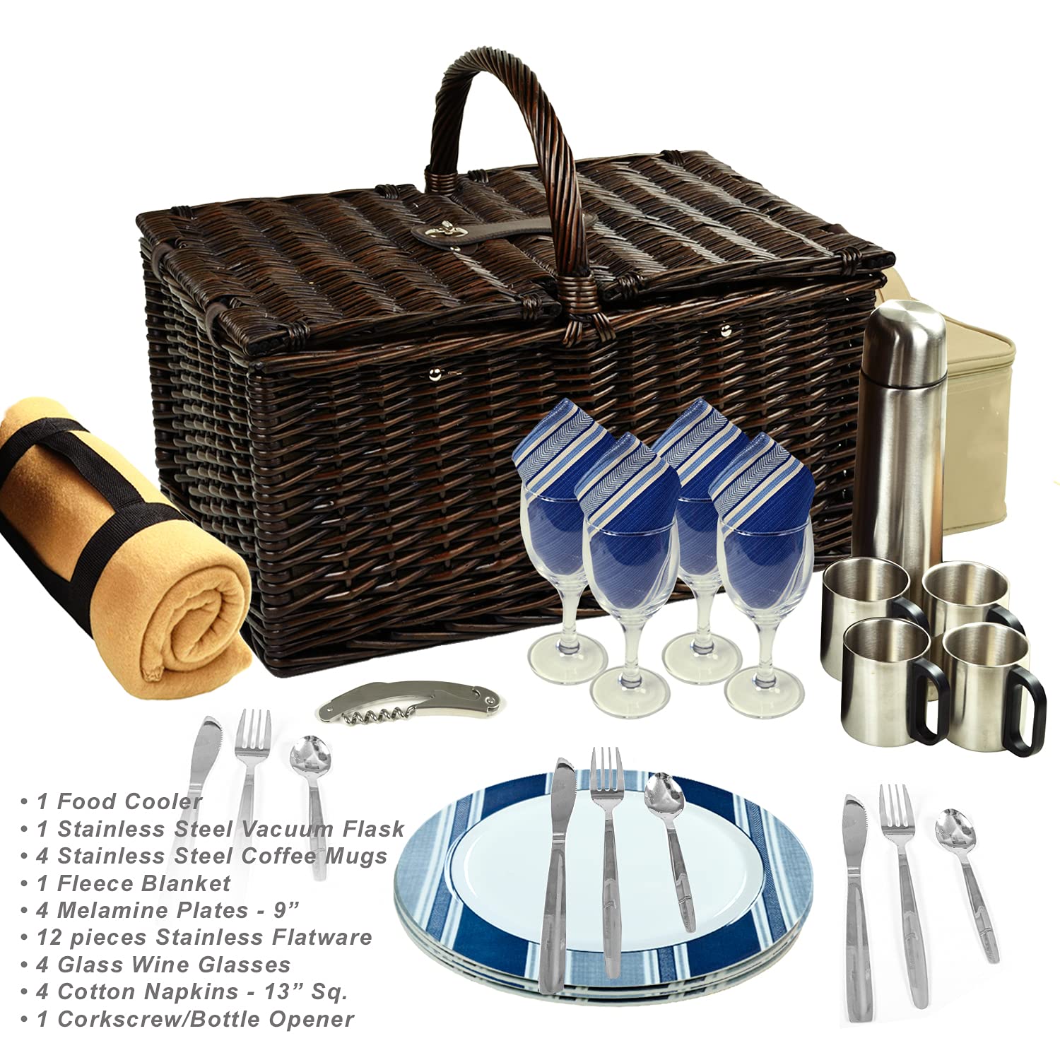 Picnic at Ascot Buckingham Willow Picnic Basket for 4 - Blue Stripe with Blanket & Coffee Set | Perfect for Outdoor Dining, Beach Picnics & Romantic Getaways