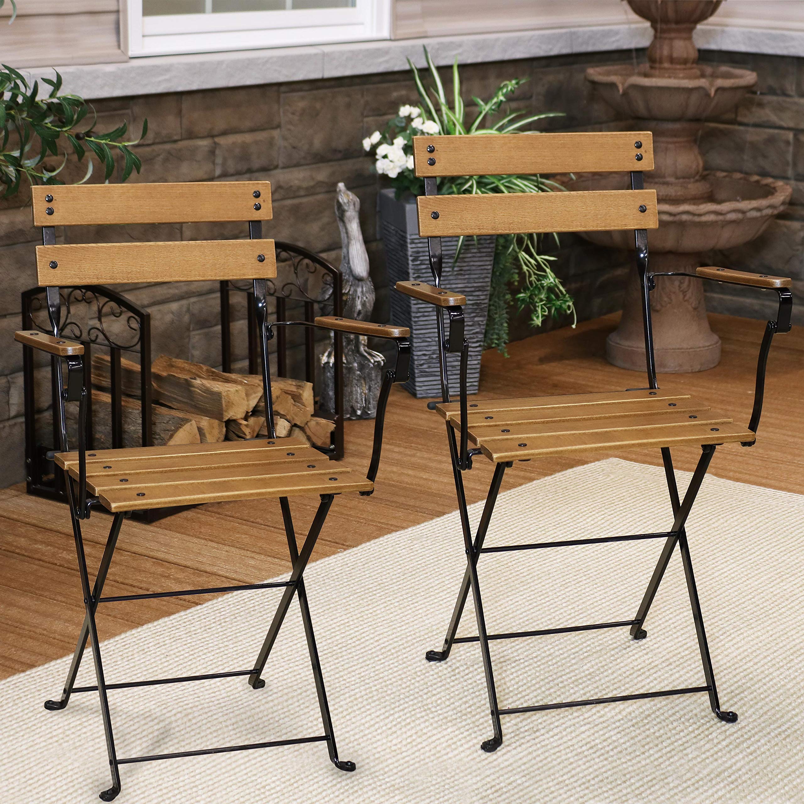 Sunnydaze European Chestnut Folding Dining Armchair Set of 4 - Heavy Duty Commercial Grade Indoor Outdoor Patio Furniture - Brown Wooden Chairs for Restaurant, Cafe, Garden & Home Dining