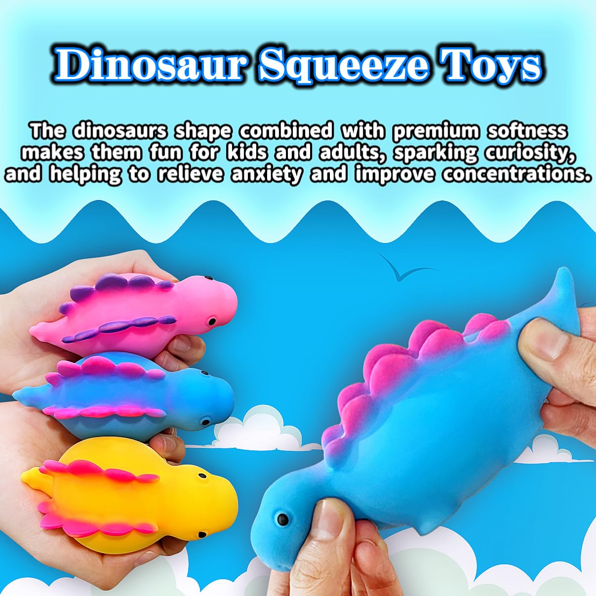 Stegosaurus Squishy Stress Balls - Dinosaur Squeeze Toys for Kids & Adults | Stretchy Fidget Toys for Anxiety Relief, Sensory Play & Classroom Rewards | Blue Dinosaur Sensory Toys for Stress Relief, Office Desk & Travel Companion