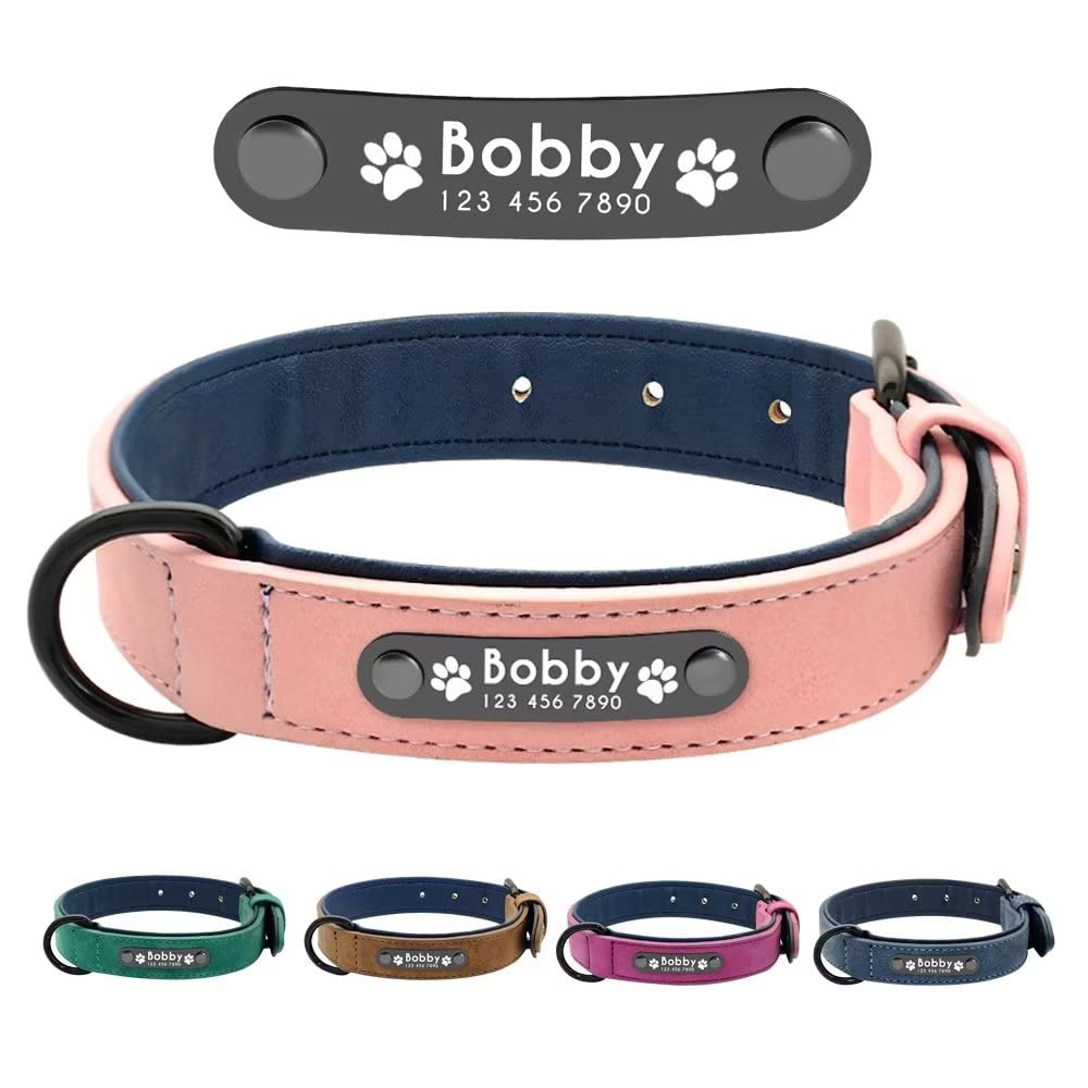 **Custom Engraved Leather Dog Collar with Personalized Nameplate - Padded Comfort for Small, Medium & Large Dogs - Pink M Size - Perfect for Walks, Training & Gifts**