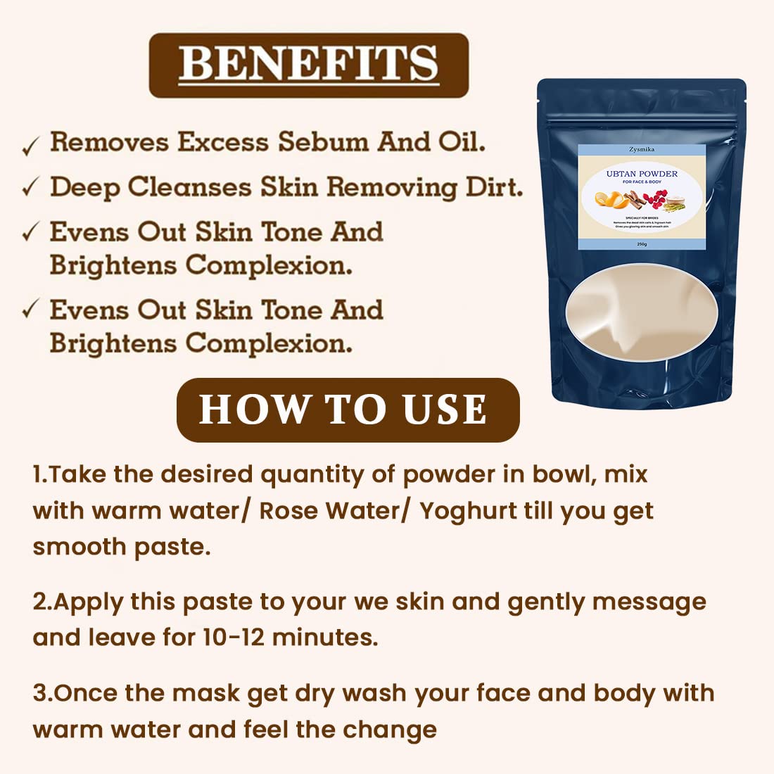 Zysmika Ubtan Powder for Face & Body - Skin Brightening, Facial Hair Removal, Dark Spot Treatment & Glowing Skin - 250g | Natural Ayurvedic Whitening Scrub for Daily Skincare Routine & Bridal Preparation