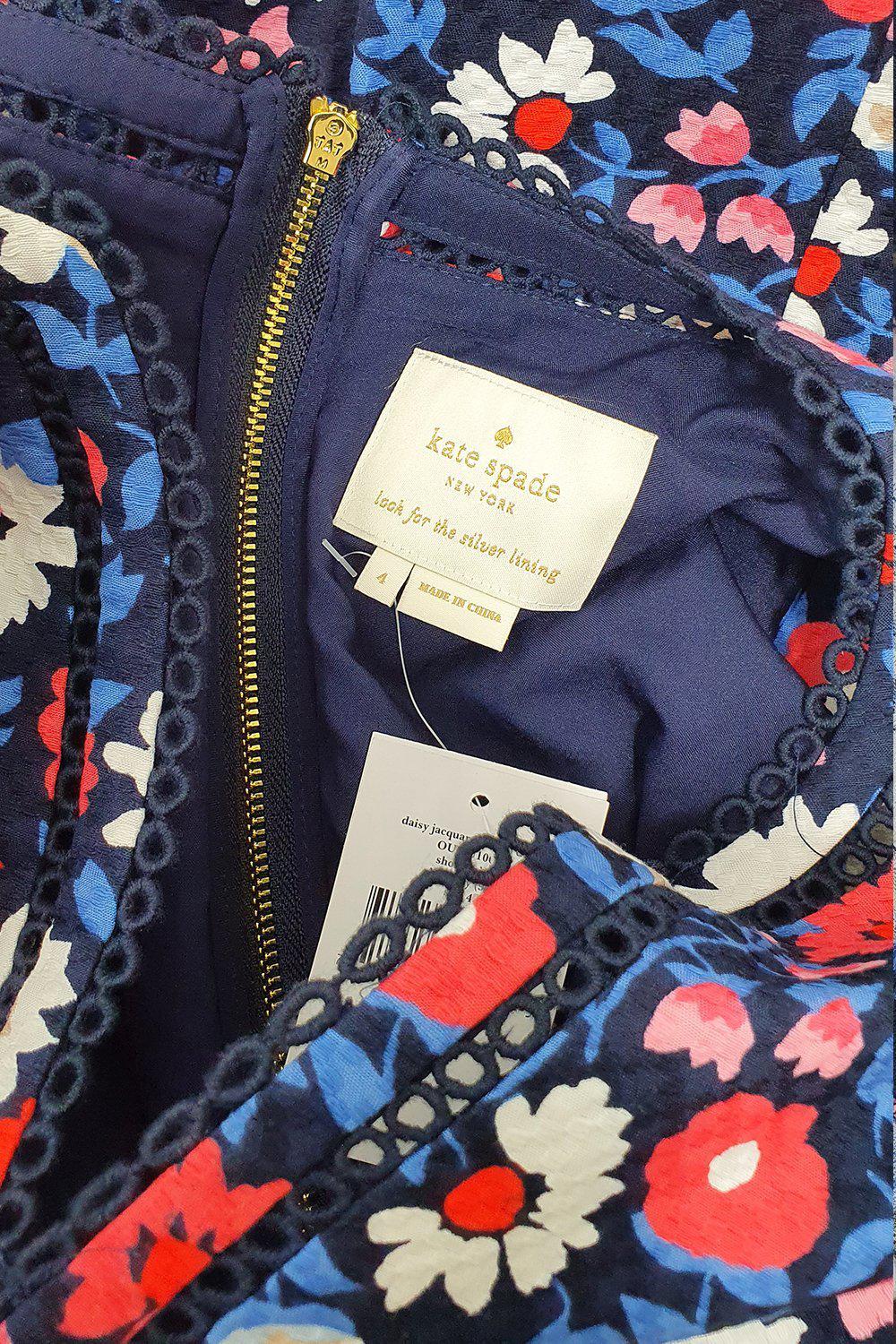 KATE SPADE New York Blue Floral Print Daisy Jacquard Sheath Dress - Size US 4 (UK 08) | Elegant Summer Cocktail Party & Wedding Guest Outfit