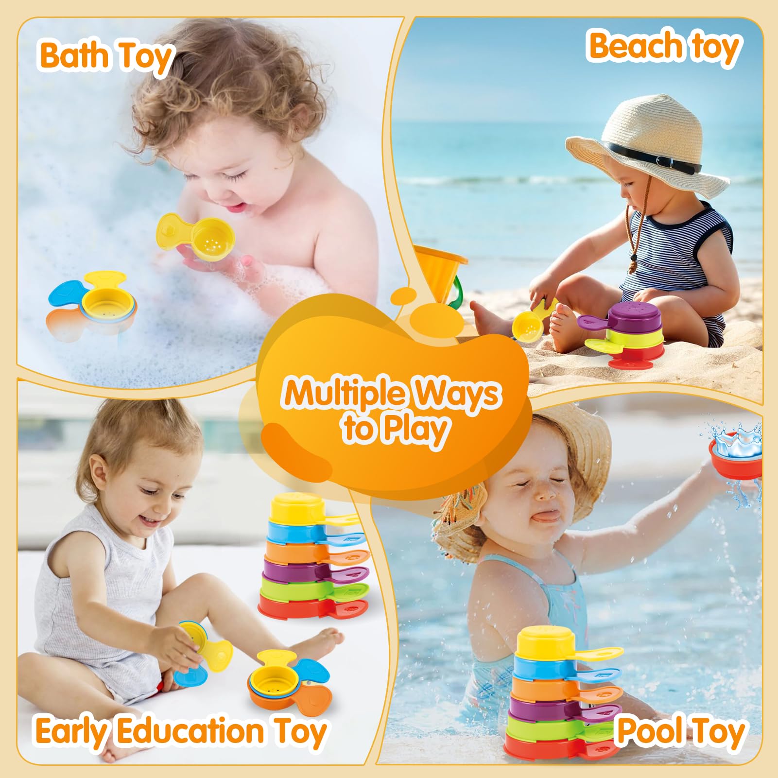 **Mold-Free Bath Toys for Toddlers 1-3 Years Old | 6PCS Rainbow Floating Bathing Spoons | Water Table & Sensory Toys for Babies 6-12 Months | Stacking & Early Learning Toys for 2-4 Year Old Boys & Girls | Perfect for Pool, Beach & Bathtime Play**