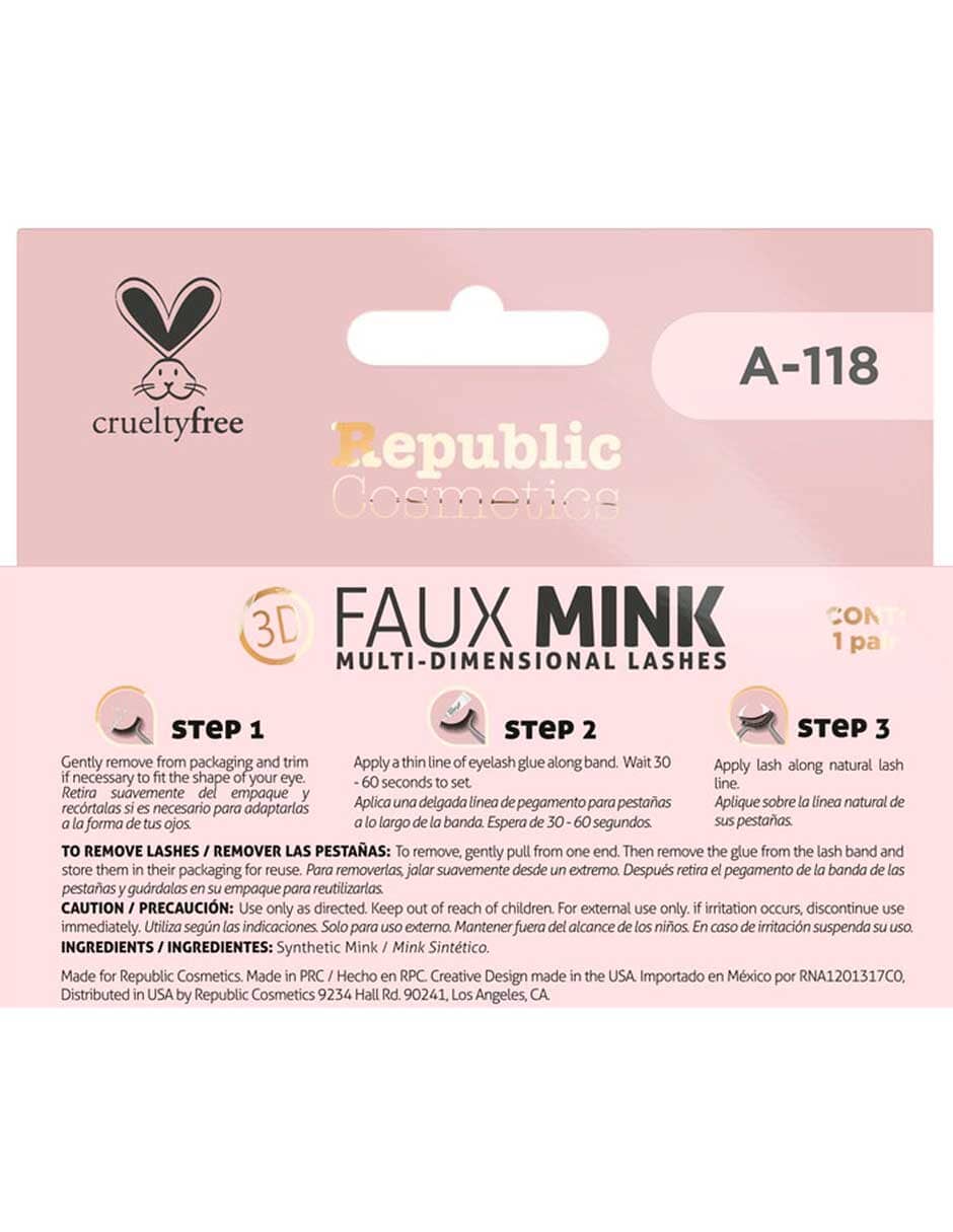 Republic Cosmetics 3D Faux Mink Eyelashes - Model A118 (1 Pair) - Natural Looking False Lashes for Dramatic Eye Makeup & Special Occasions