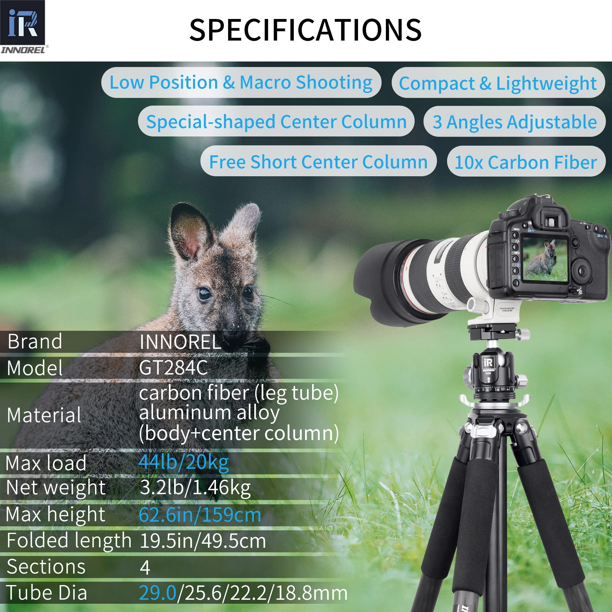 INNOREL GT284C Carbon Fiber Tripod - Professional Compact & Portable DSLR Camera Stand with 29mm Tube, 44lbs Max Load - Perfect for Travel, Outdoor Photography & Heavy Duty Shooting