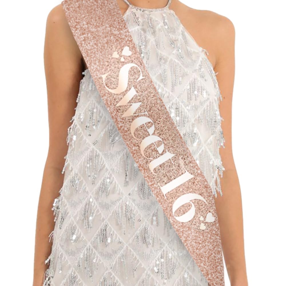 Sweet 16 Rose Gold Birthday Sash for Girls - Sparkly 16th Birthday Party Decorations & Sweet Sixteen Celebration Accessories - Perfect for Quinceañera, Bridal Showers & Special Occasions