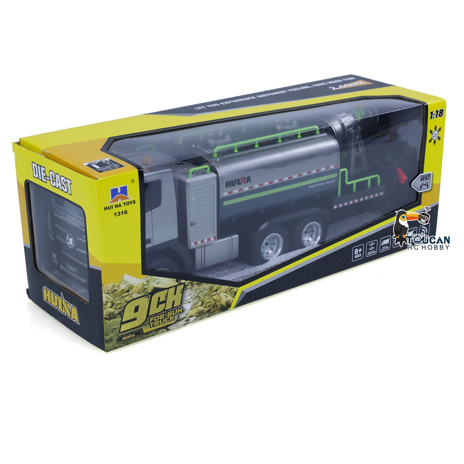 HUINA 1316 1/18 Scale Remote Control Spray Fog Cannon Truck - 9CH RC Construction Vehicle Toy for Kids & Adults - Perfect for Construction Site Play, Outdoor Racing & Collecting
