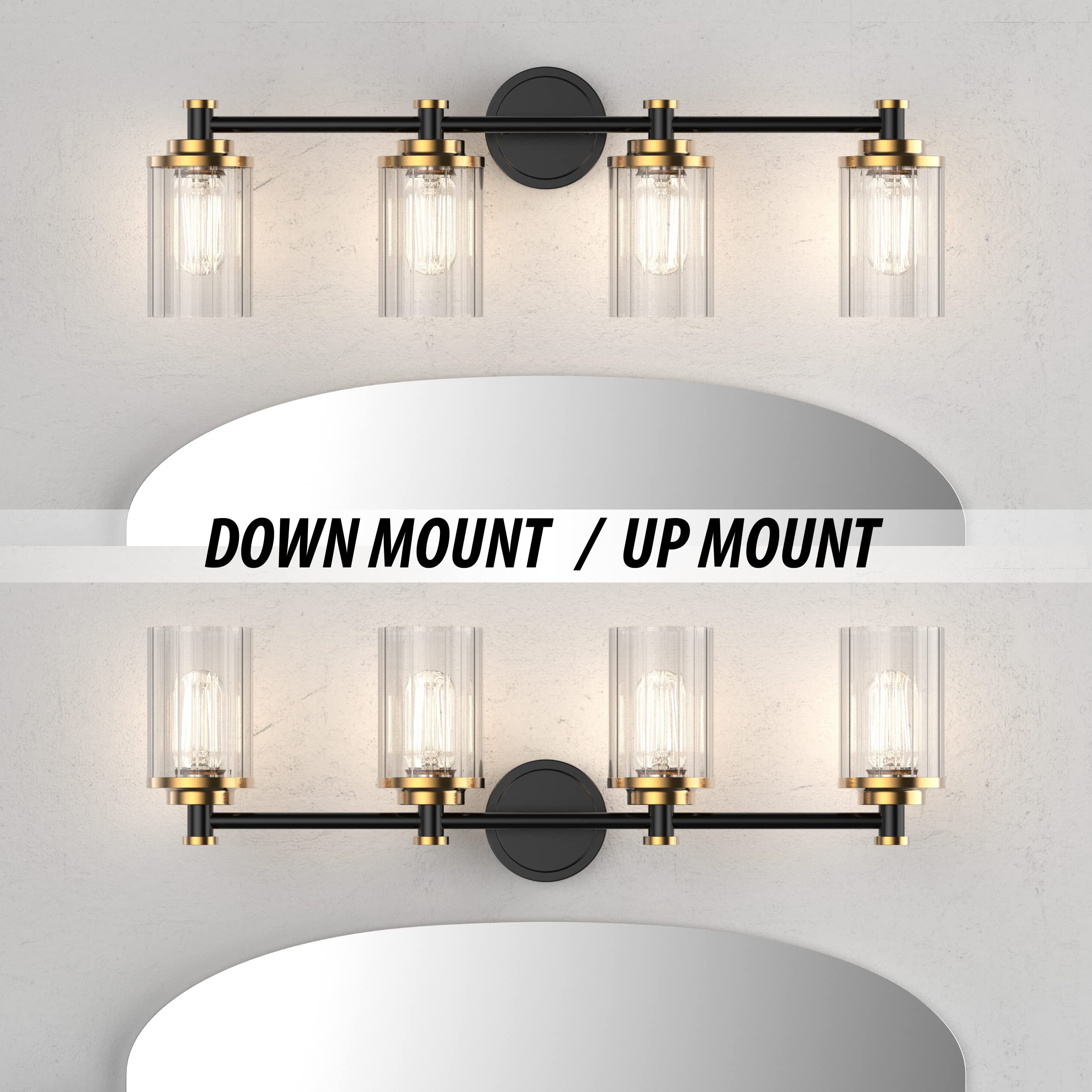 Black and Gold Bathroom Vanity Light Fixture - 4-Light Cylindrical Clear Striped Glass Lampshade with E26 Socket Base - Modern Over Mirror Lighting for Bathroom, Powder Room & Dressing Area