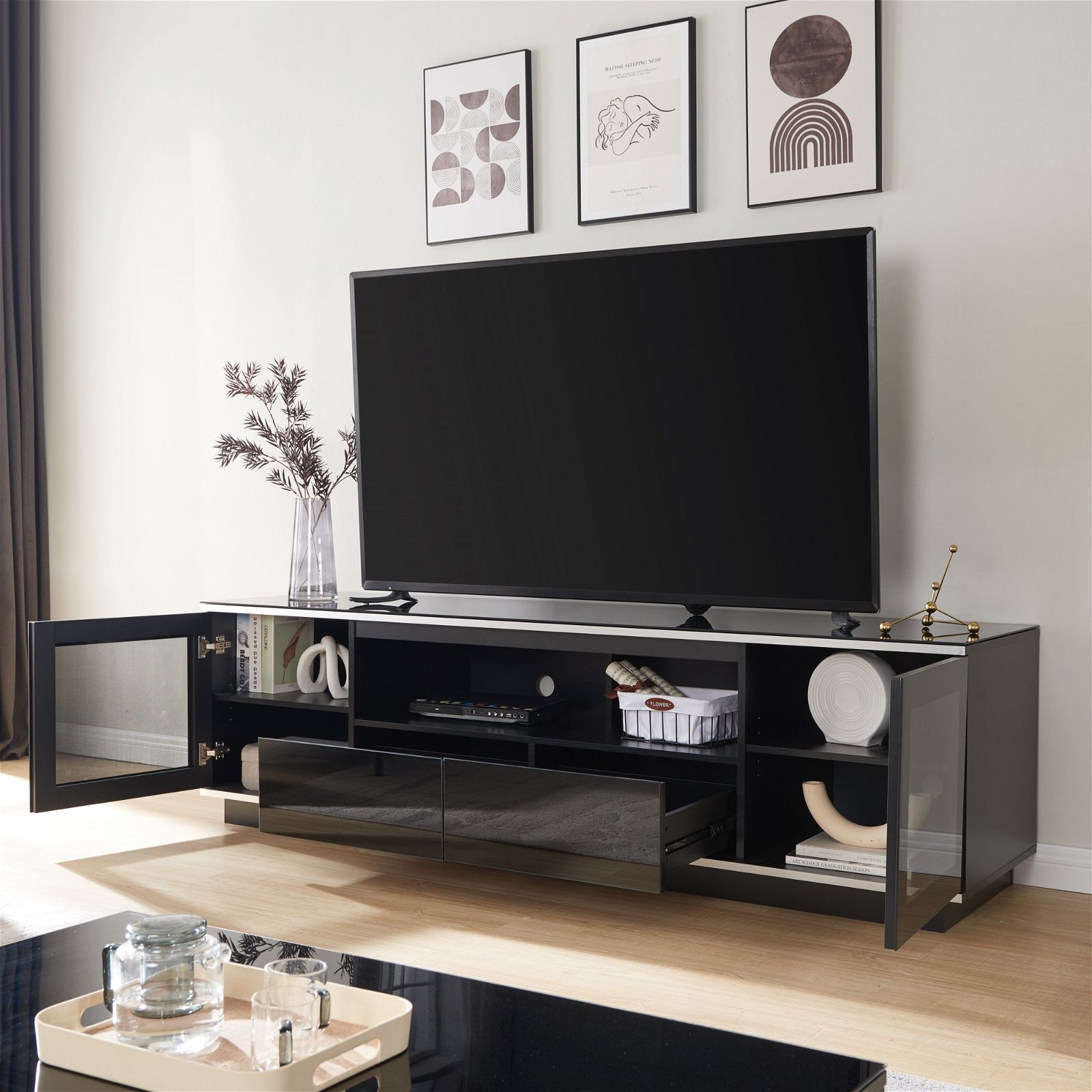 TAURIS™ TITAN 2100 Modern TV Stand with Storage - Black Entertainment Center for Living Room, Bedroom & Home Theater Setup