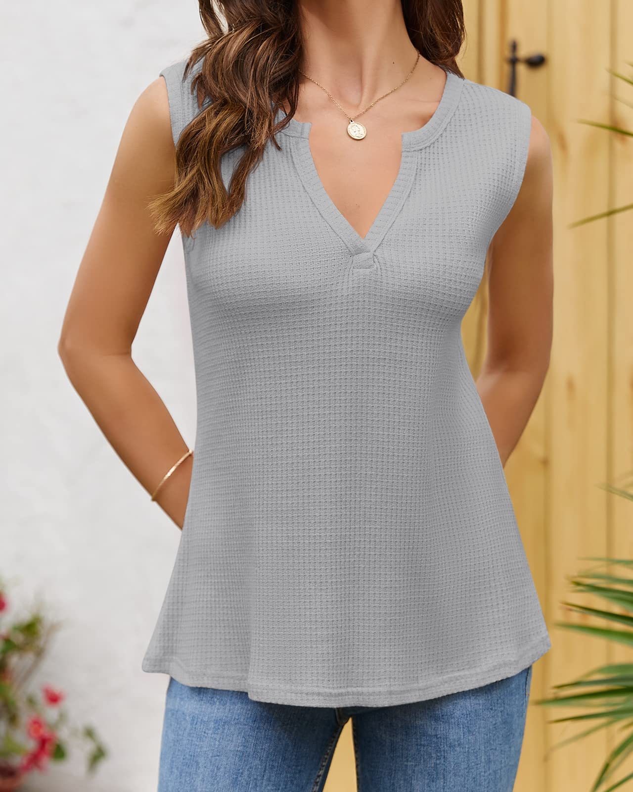Women's V-Neck Waffle Knit Tank Tops - Summer Casual Sleeveless Loose Fit Tee Shirts for Women | Perfect for Beach, Gym, Yoga & Everyday Wear