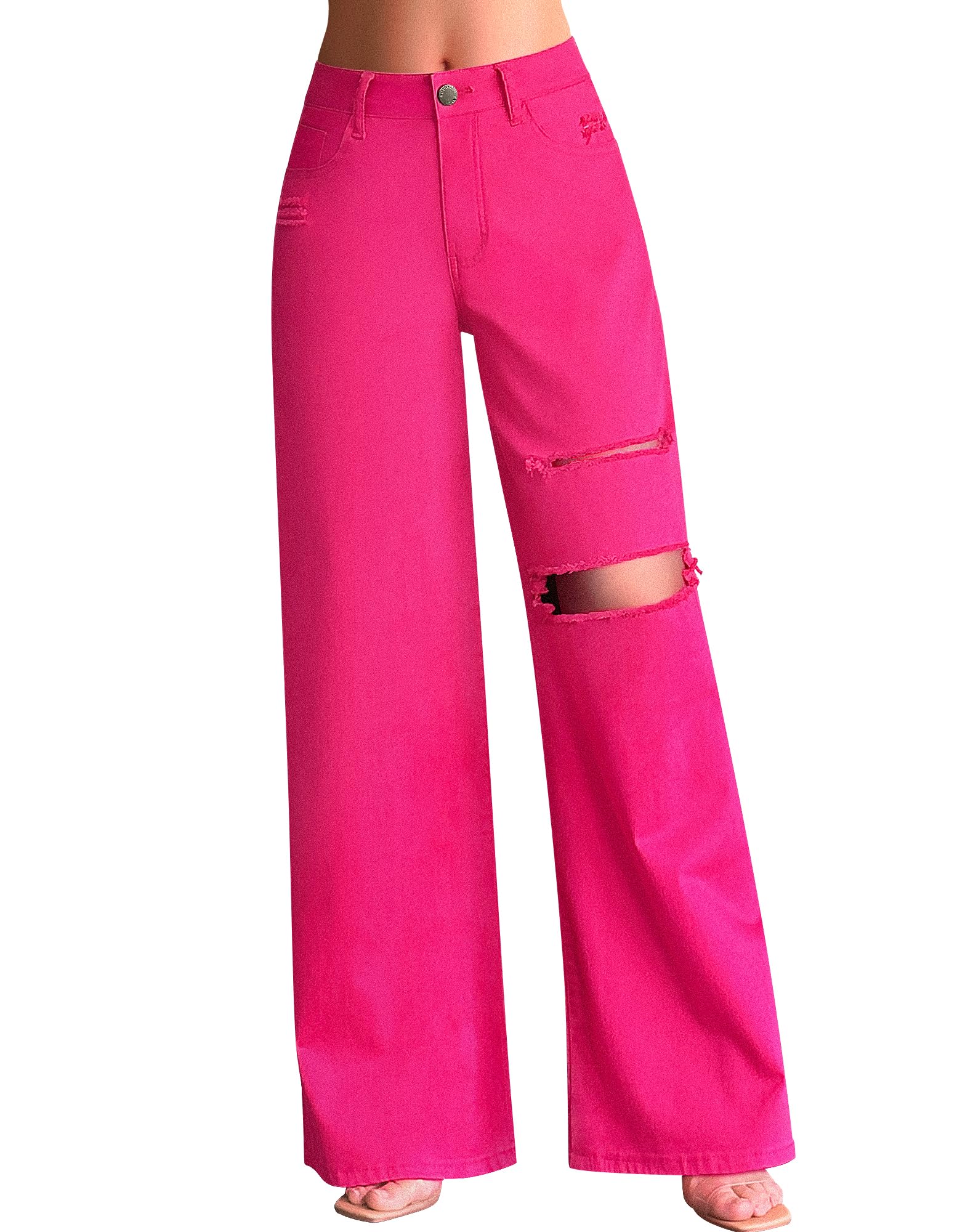 Roswear Women's Baggy Wide Leg Jeans - Boyfriend Style High Waisted Ripped Stretchy Denim Pants for Casual Outfits & Streetwear Fashion