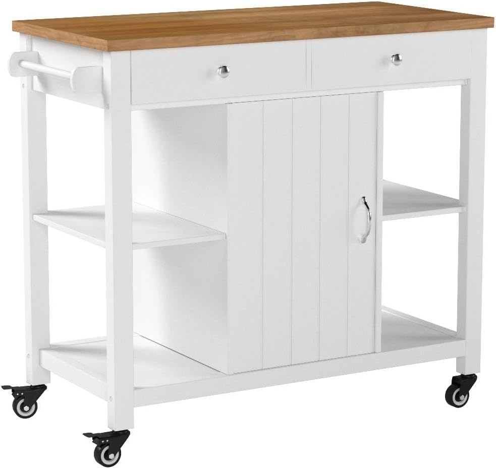 ChooChoo Rolling Kitchen Cart with Wooden Top - Mobile Kitchen Island with Storage Drawers & Shelves, Easy Assembly, White - Perfect for Small Spaces, Apartments & Extra Counter Space