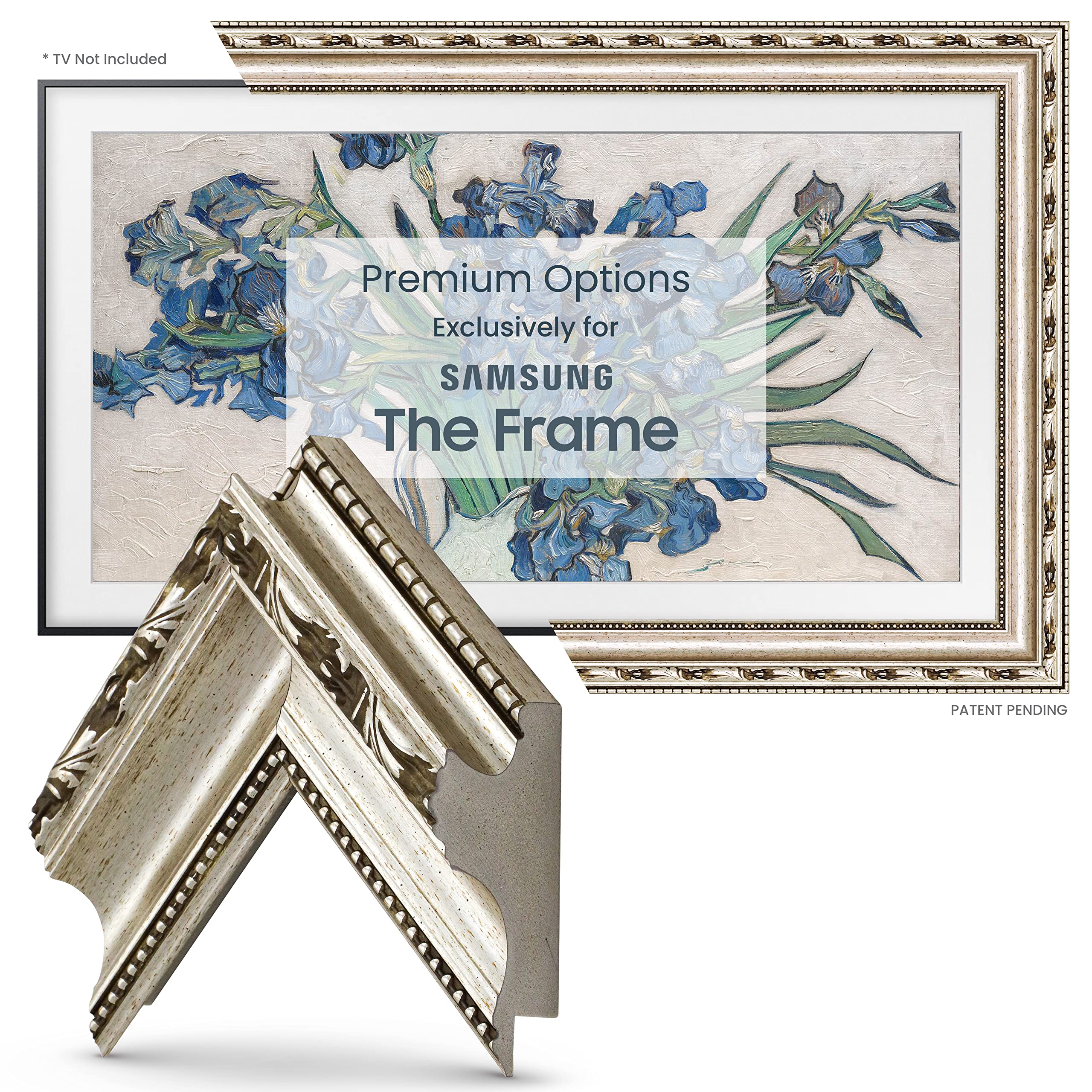 Ornate Silver Smart TV Frame for Samsung The Frame TV & Pro (55 Inch, 2021-2025 Models) - Elegant Deco TV Frame to Enhance Your Living Room & Home Theater Decor