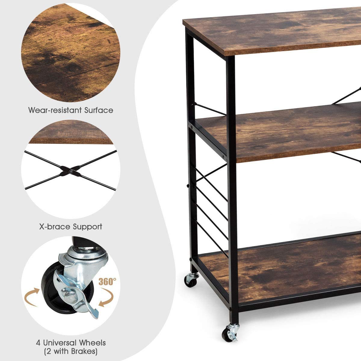 LDAILY Microwave Oven Stand with Lockable Wheels - Industrial Kitchen Baker's Rack, Utility Storage Shelf with Hooks & Basket - Sturdy Metal Frame, Easy Assembly (Brown) - Perfect for Small Kitchens, Apartments & Dorm Rooms