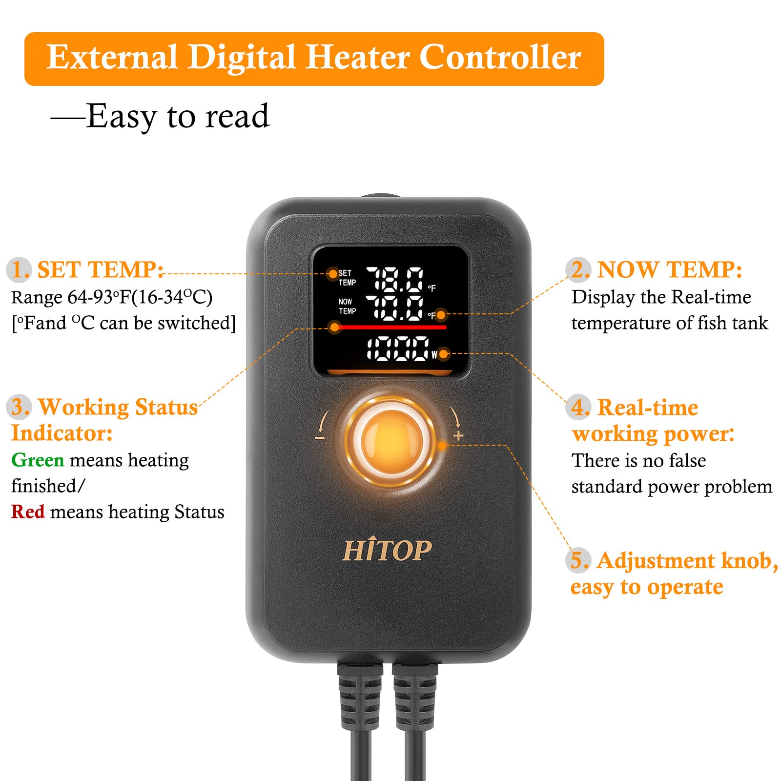 HITOP 1000W Titanium Aquarium Heater with Digital Thermostat - Submersible Fish Tank Heater for Freshwater & Saltwater (Up to 300 Gallons) - Perfect for Large Home Aquariums, Reef Tanks, and Aquatic Habitats