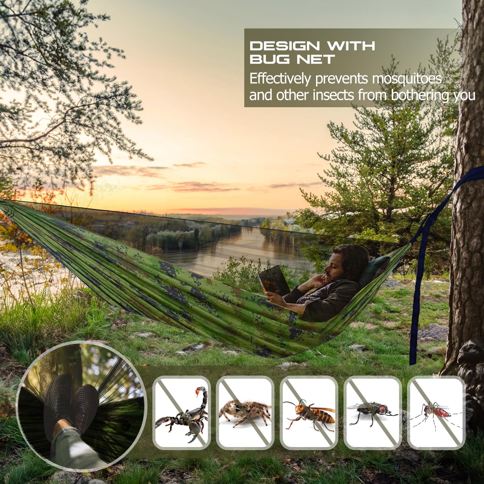 **Portable Camping Hammock with Mosquito Net - Lightweight Nylon Parachute Hammock, 10ft Tree Straps - Perfect for Travel, Hiking, Backpacking, Beach & Patio (Plaid Camouflage) - Great for Outdoor Adventures, Backyard Relaxation & Camping Trips**