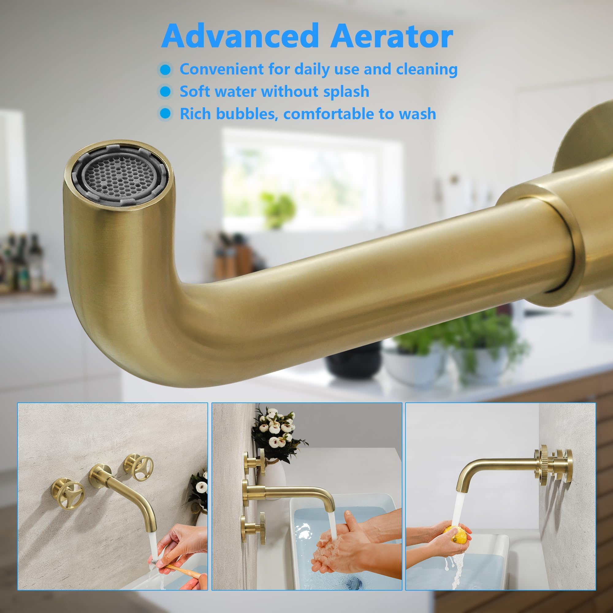 SKOWLL 3 Hole Widespread Bathroom Sink Faucet - Brushed Gold Brass Vessel Faucet with 360° Swivel Spout, Wall Mounted Modern Design for Bathroom Vanity & Powder Room