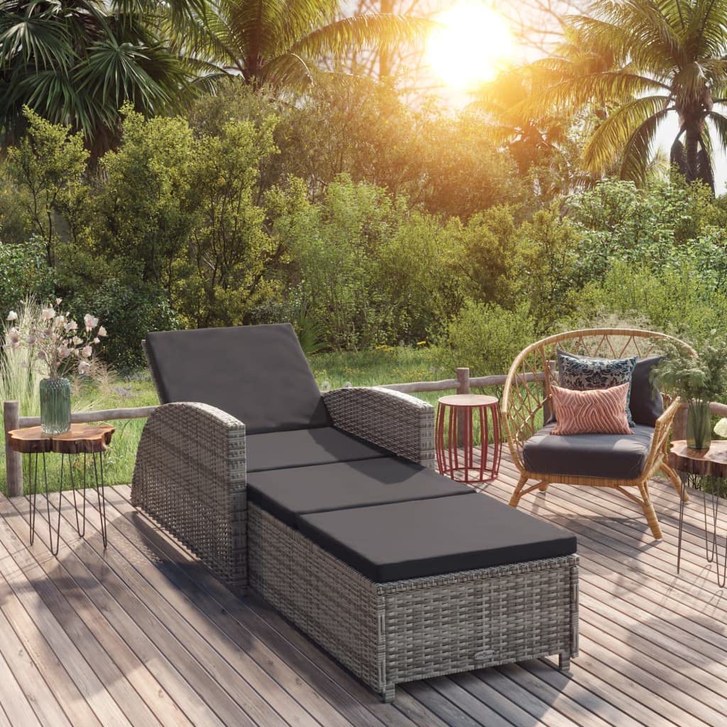 Premium Poly Rattan Sun Lounger with Dark Gray Cushion - Adjustable Backrest & Curved Armrests - Weather-Resistant Outdoor Patio Furniture for Garden, Poolside & Backyard Relaxation - Gray
