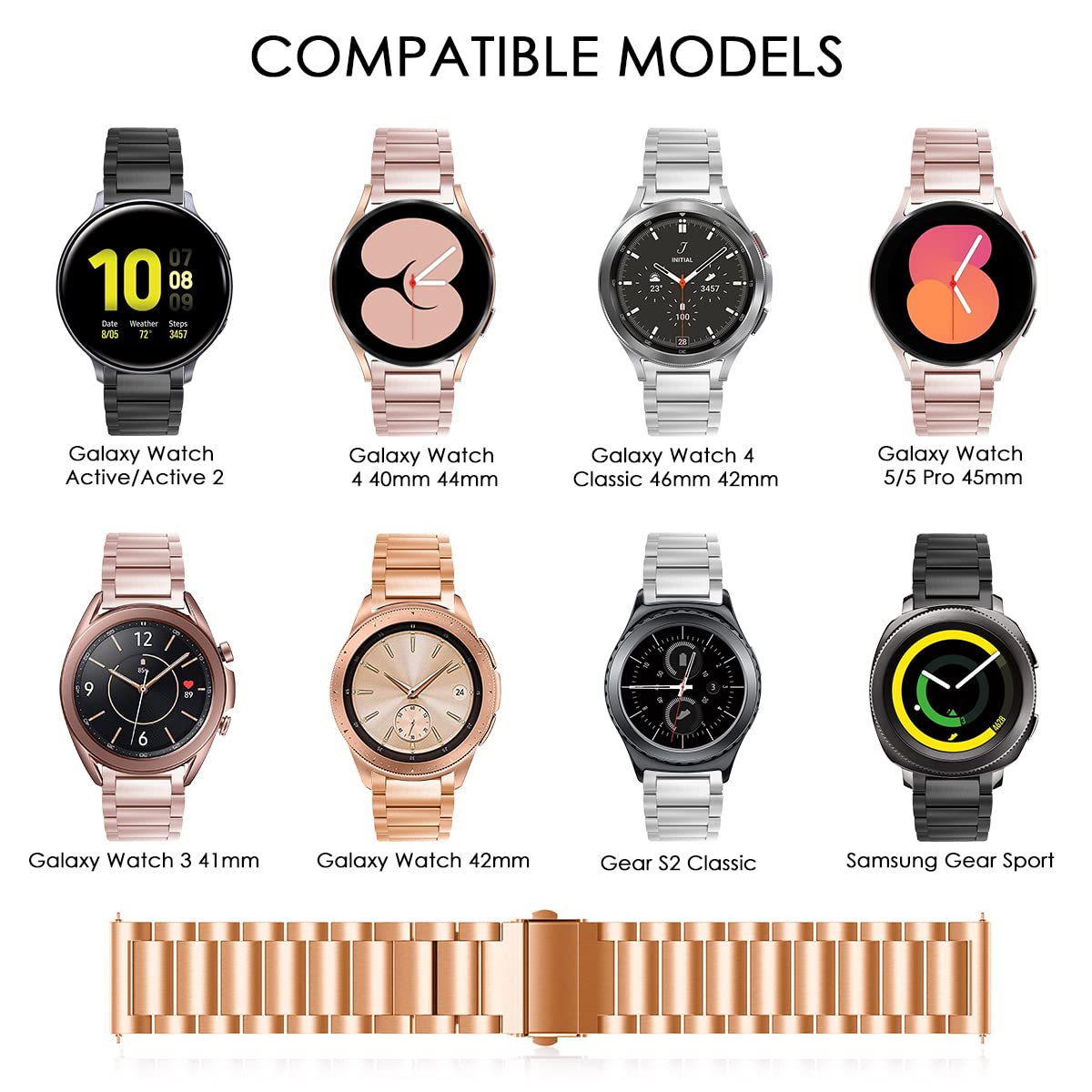 Premium Stainless Steel Metal Watch Band for Samsung Galaxy Watch Active/Active 2 (40mm/44mm), Galaxy Watch 4/4 Classic, Watch 5/5 Pro, Galaxy Watch 3 (41mm/42mm) - Durable Replacement Strap for Workout, Office & Everyday Wear