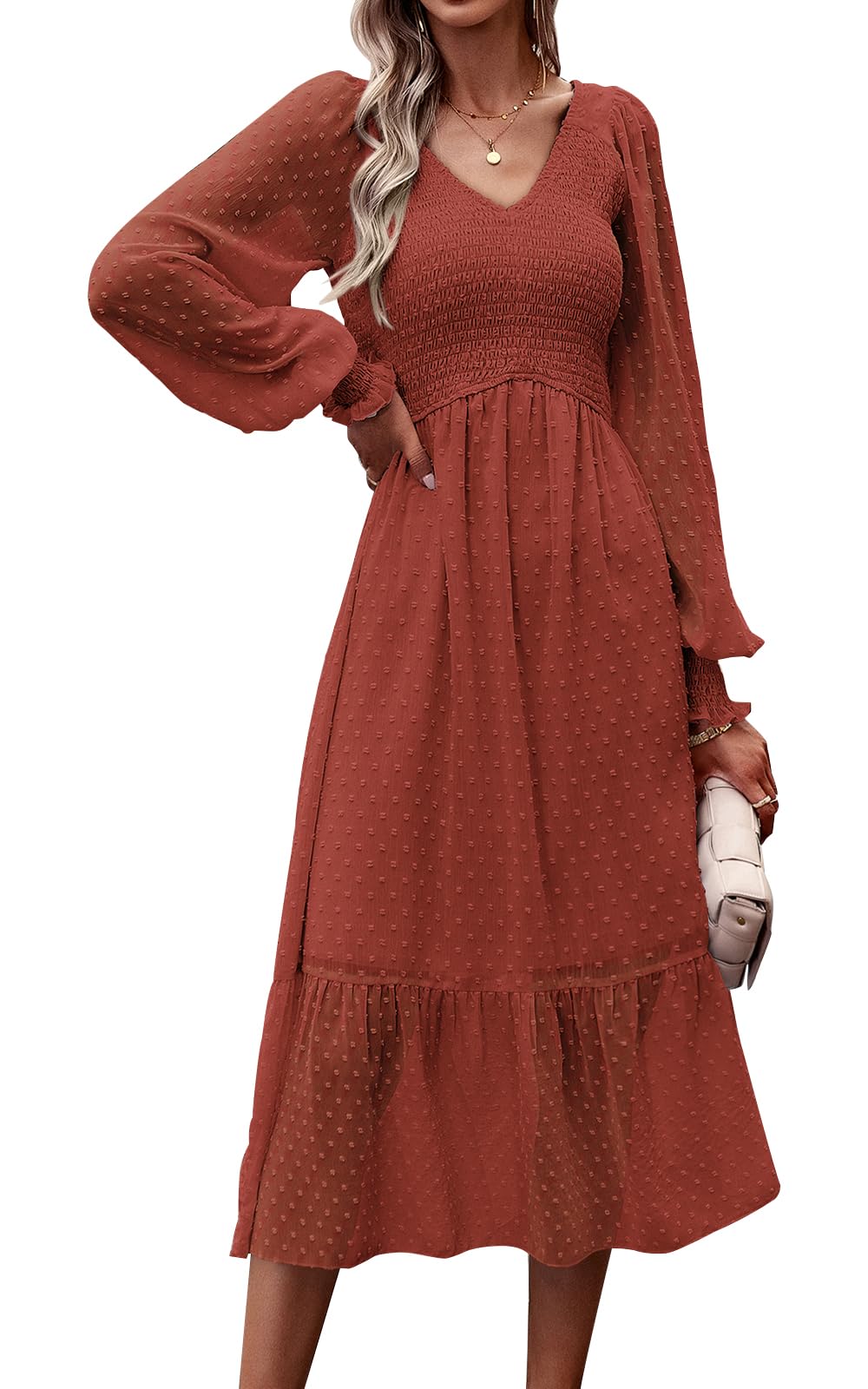 PRETTYGARDEN Women's Floral Swiss Dot Chiffon Dress 2025 - Long Sleeve V-Neck Empire Waist Ruffled Midi Dress for Spring Wedding, Party & Office Wear