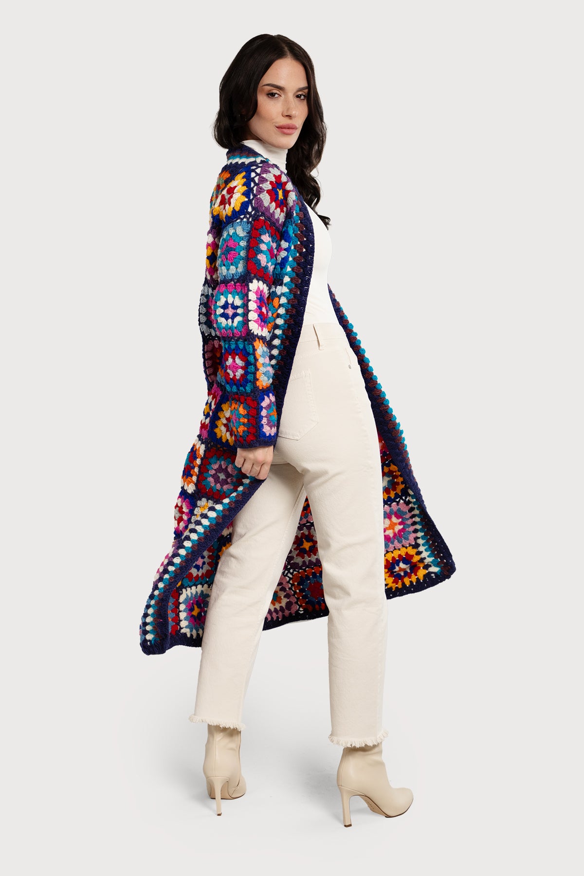Cozy Wool Crochet Square Kimono Long Cardigan - Soft Handmade Knit Wrap for Women - Perfect for Fall, Winter & Boho Fashion