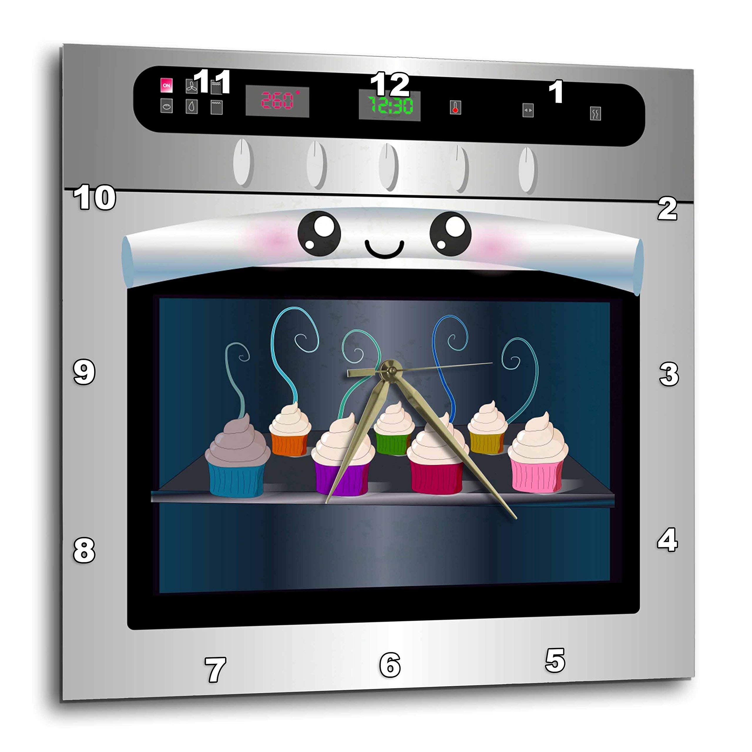 3DRose DPP_58309_3 Cute Kawaii Happy Smiling Oven Wall Clock with Baking Cupcakes - 15x15 Inch Kitchen Decor for Chefs, Foodies & Baking Enthusiasts - Perfect for Home, Cafe or Bakery Decor