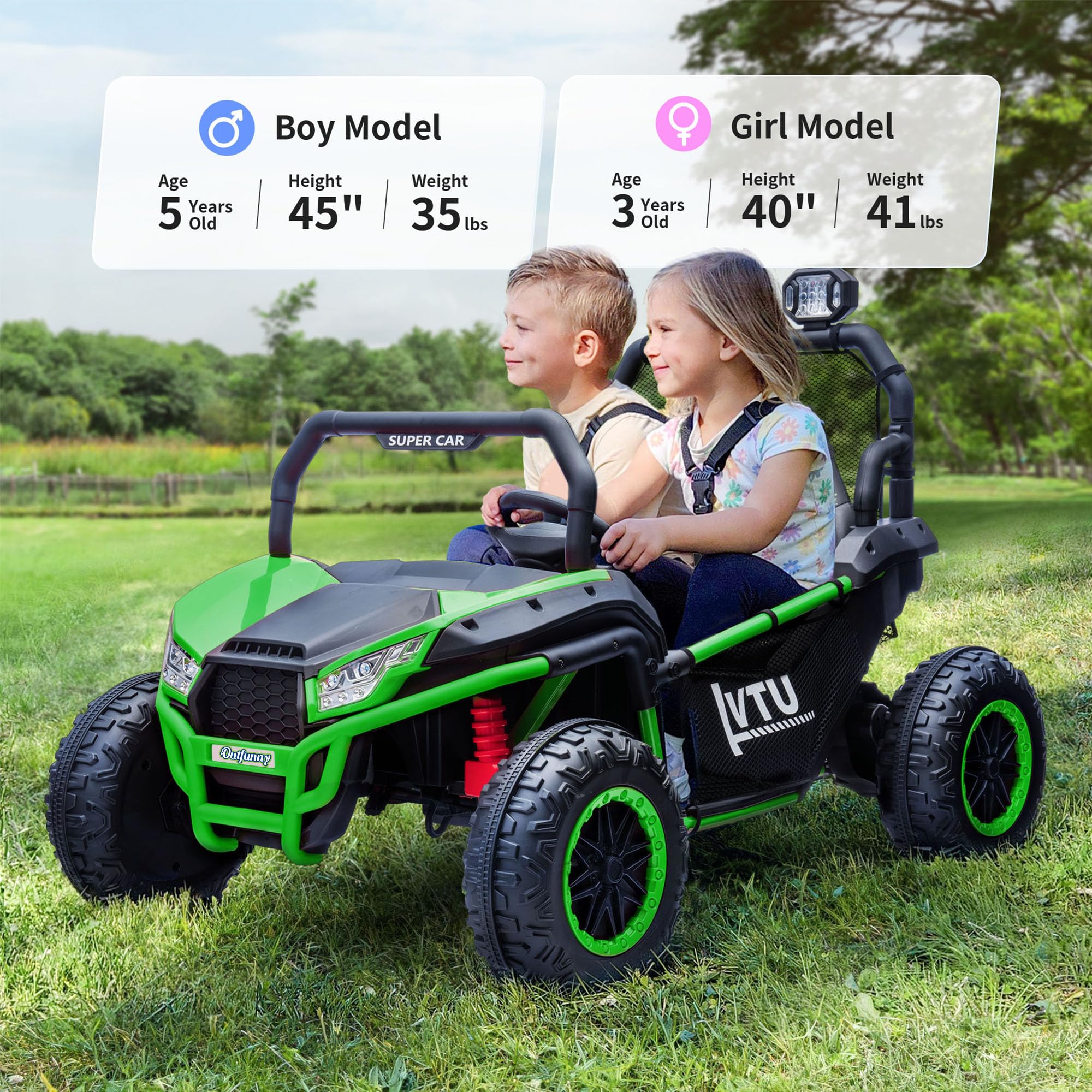 12V 4WD Kids Ride-On Car with Remote Control & Bluetooth - 2 Seater UTV Toy for Children Ages 3-8, Includes Storage - Green | Perfect for Outdoor Play, Birthday Gifts & Backyard Adventures